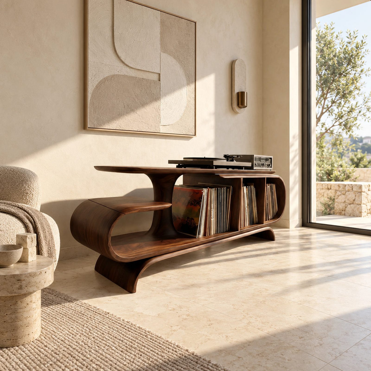 Organic Wave Wood Record Cabinet With Open Shelf For Living Room