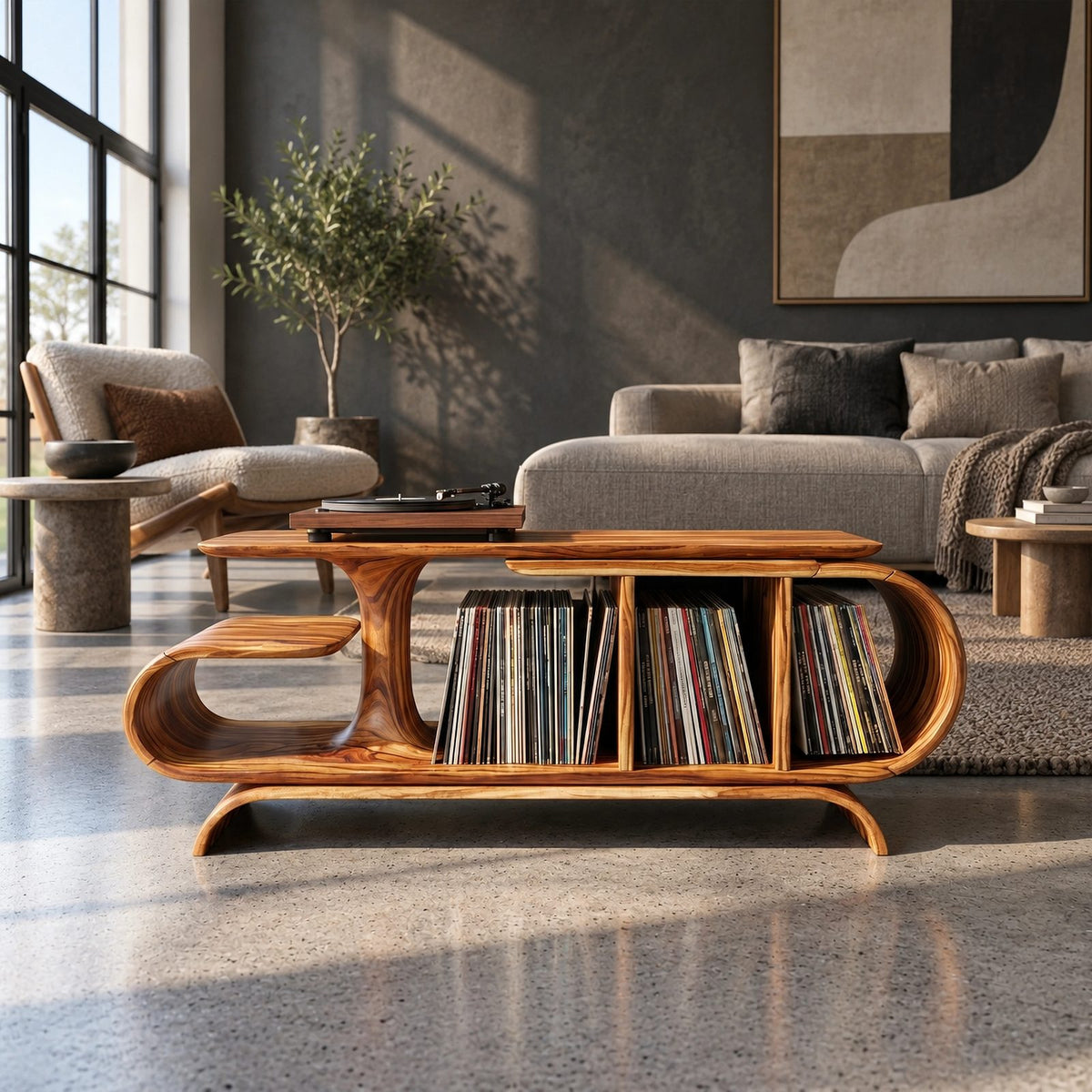 Organic Wave Wood Record Cabinet With Open Shelf For Living Room
