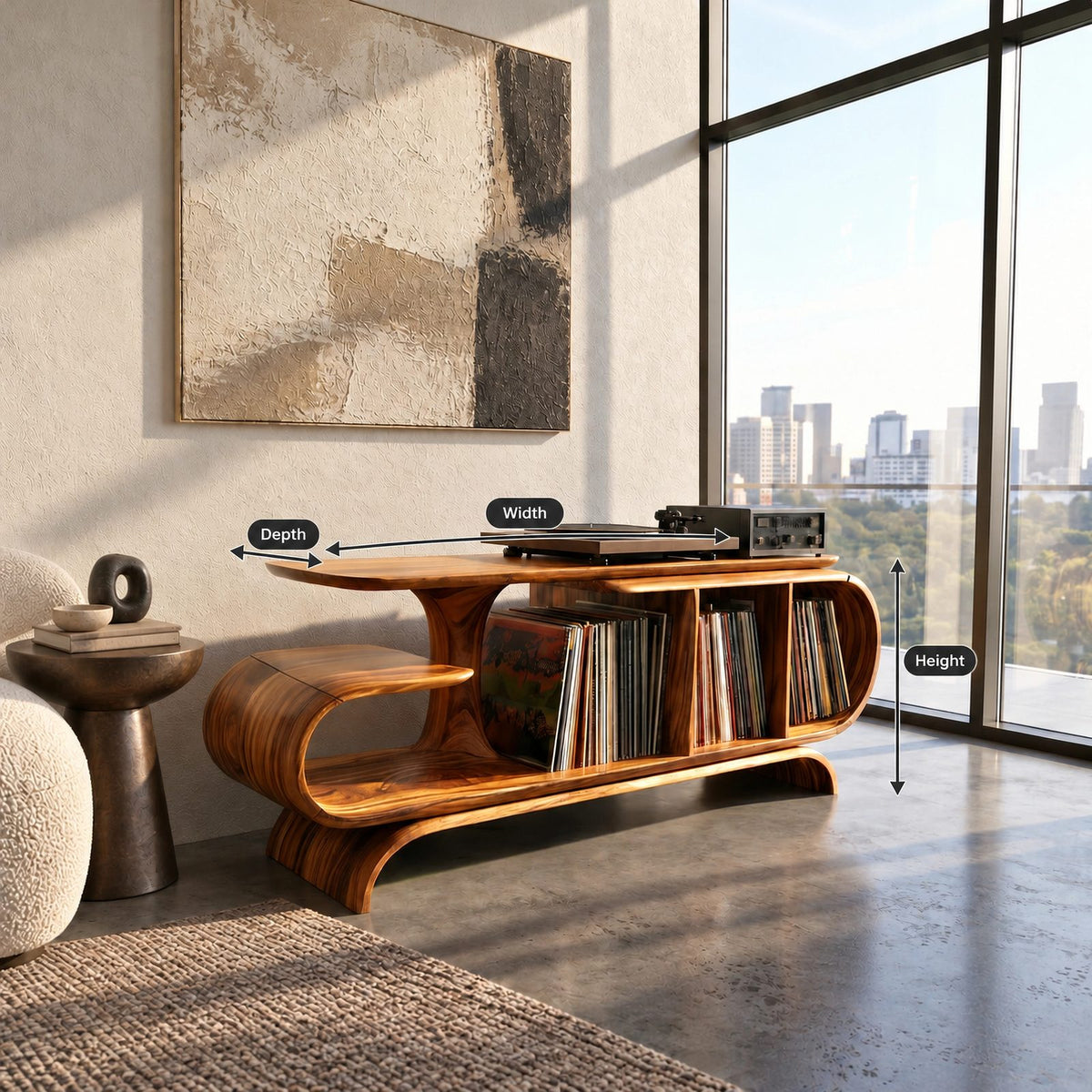Organic Wave Wood Record Cabinet With Open Shelf For Living Room