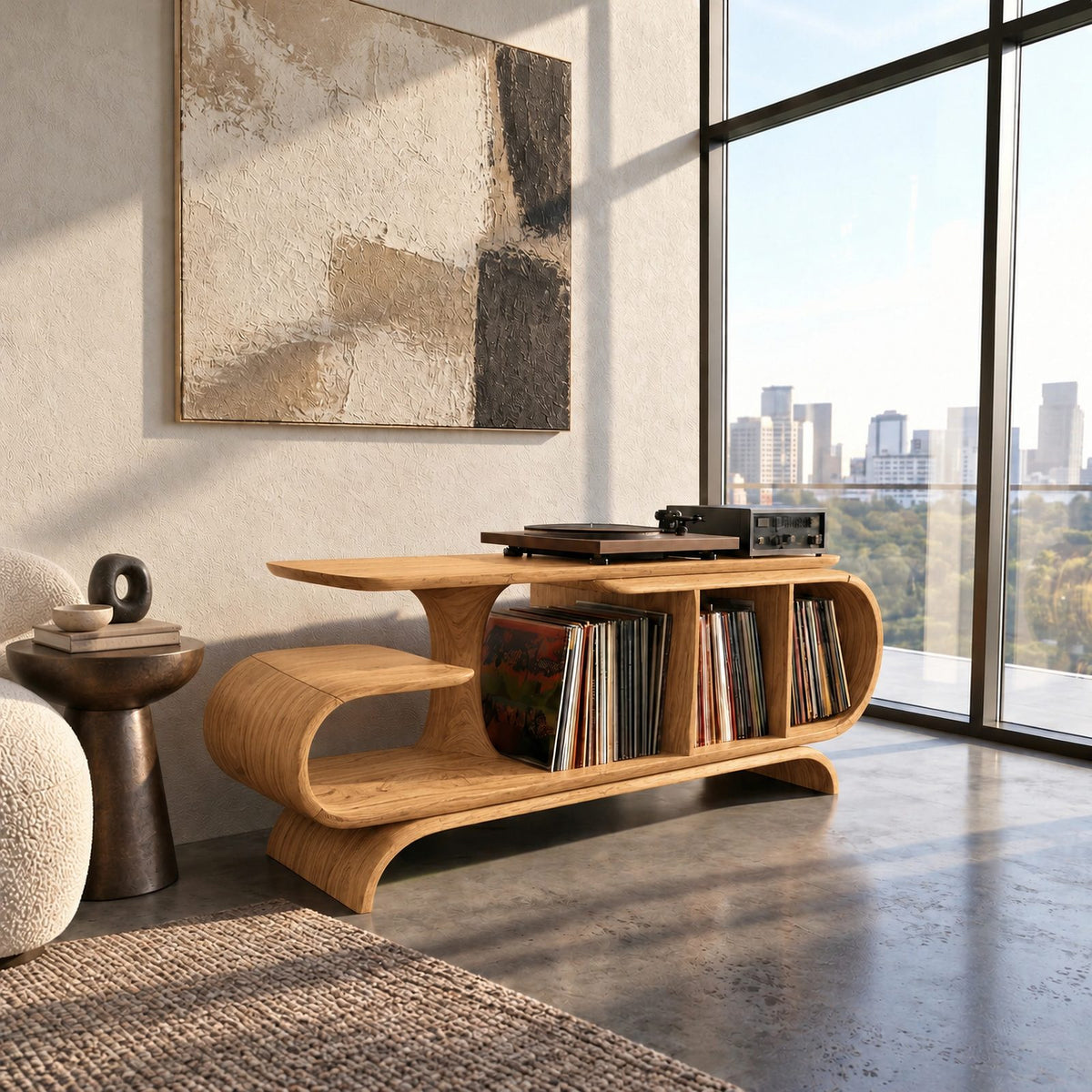 Organic Wave Wood Record Cabinet With Open Shelf For Living Room