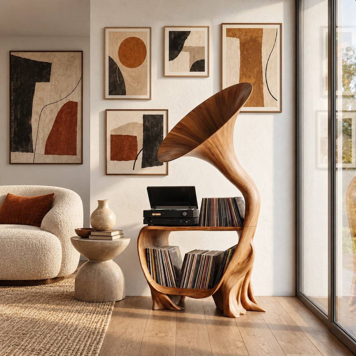 Artisan Wood Record Stand With Flaring Horn Silhouette For Living Room