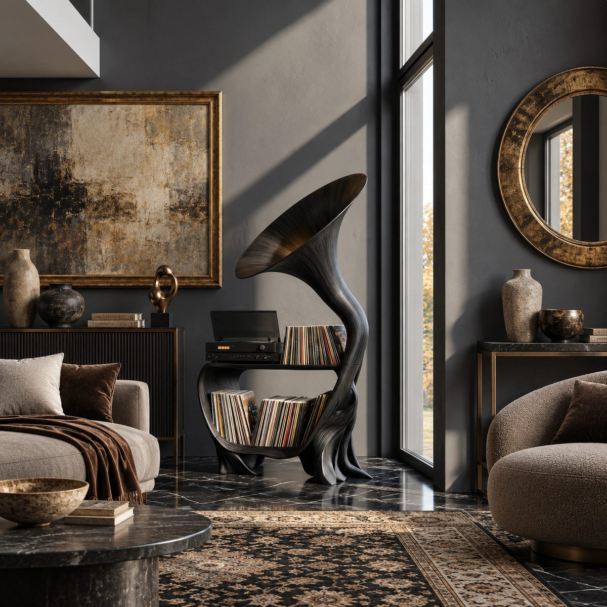 Artisan Wood Record Stand With Flaring Horn Silhouette For Living Room