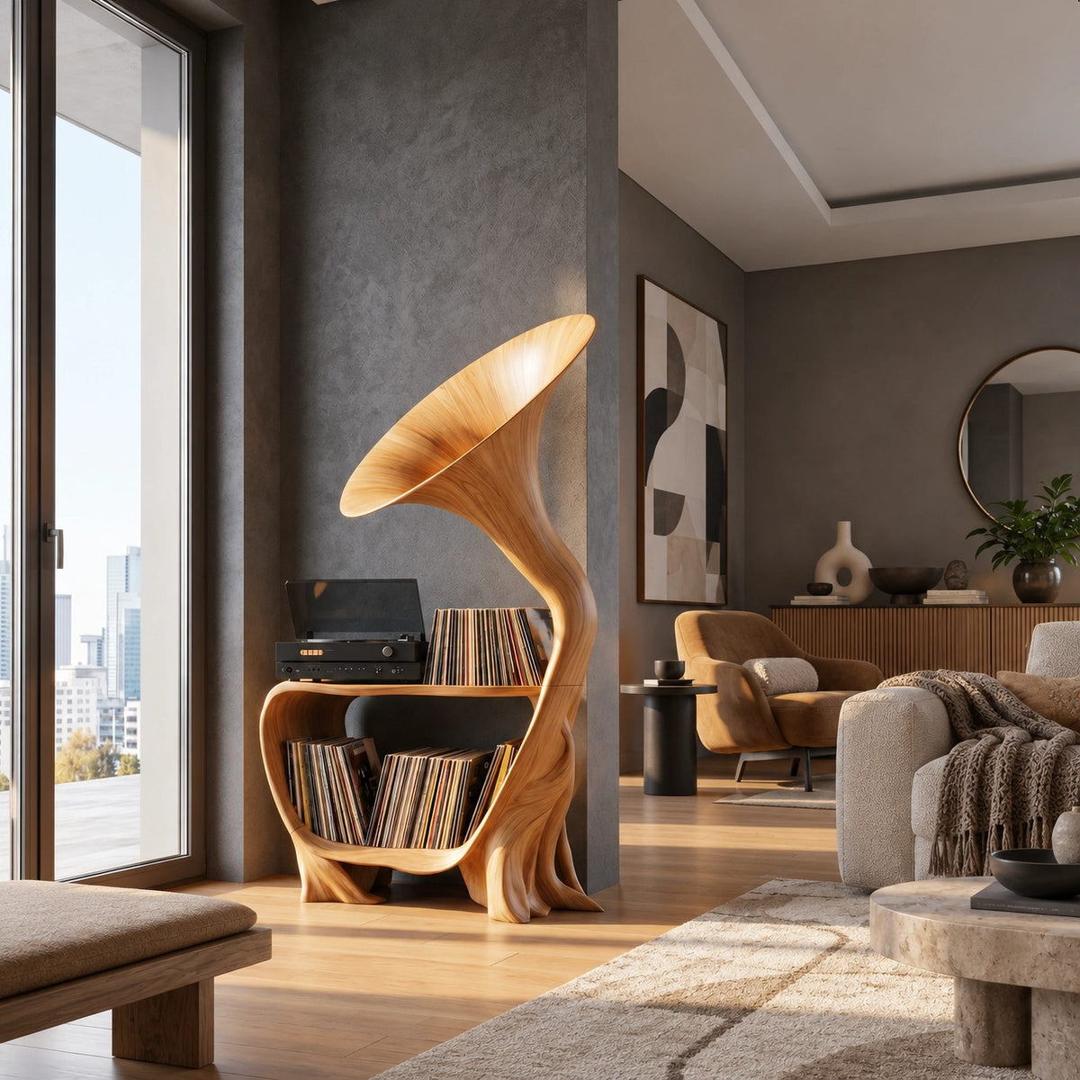 Artisan Wood Record Stand With Flaring Horn Silhouette For Living Room