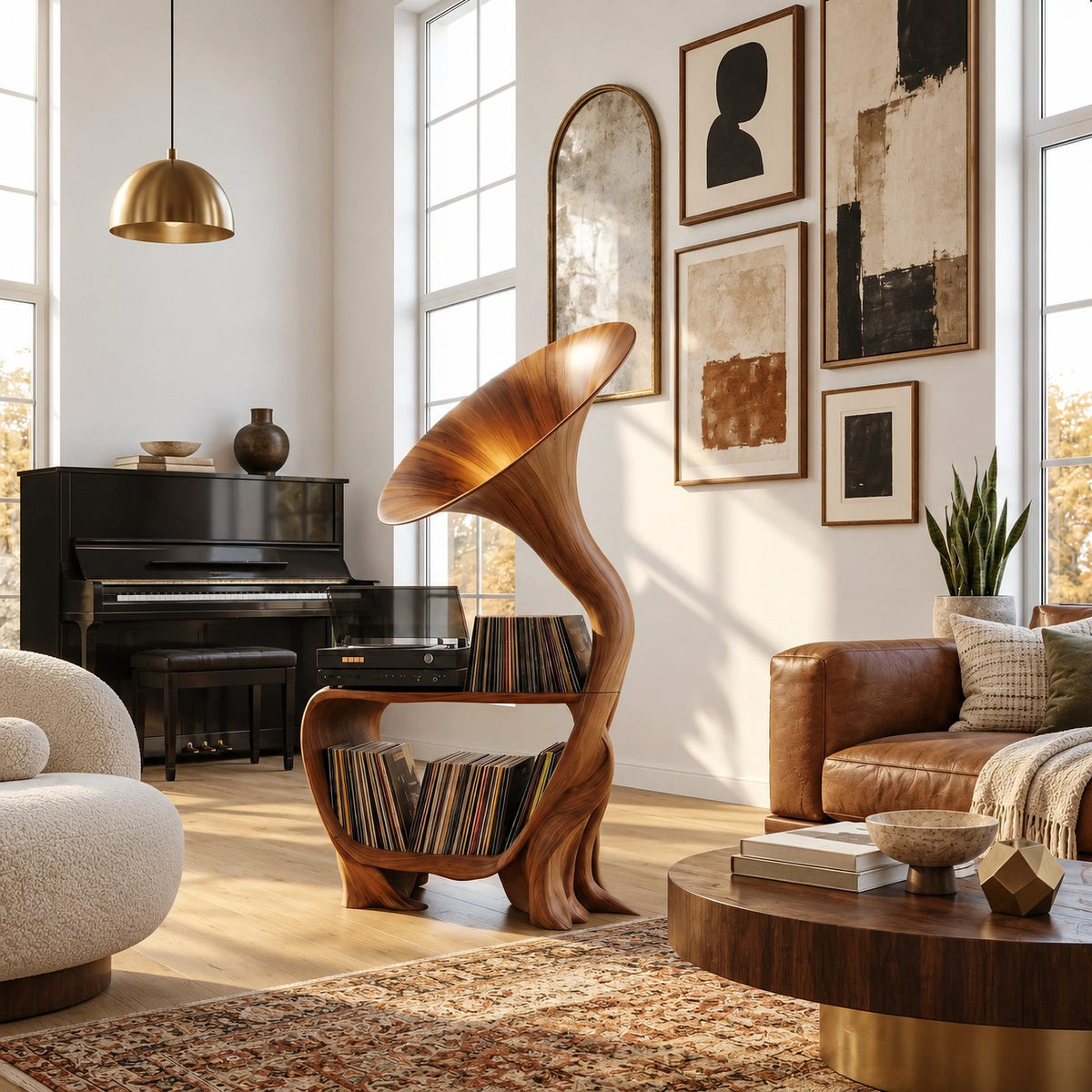Artisan Wood Record Stand With Flaring Horn Silhouette For Living Room