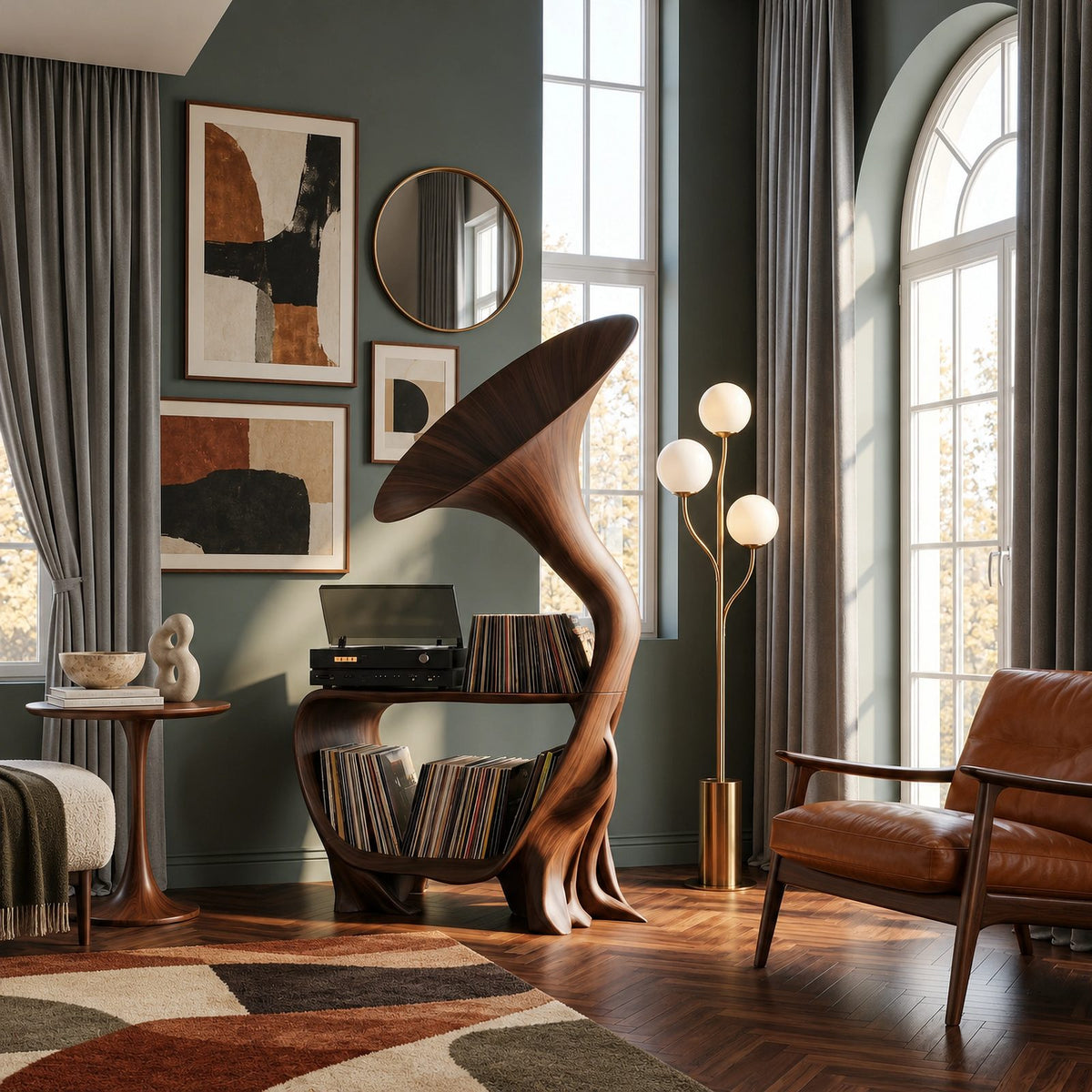 Artisan Wood Record Stand With Flaring Horn Silhouette For Living Room