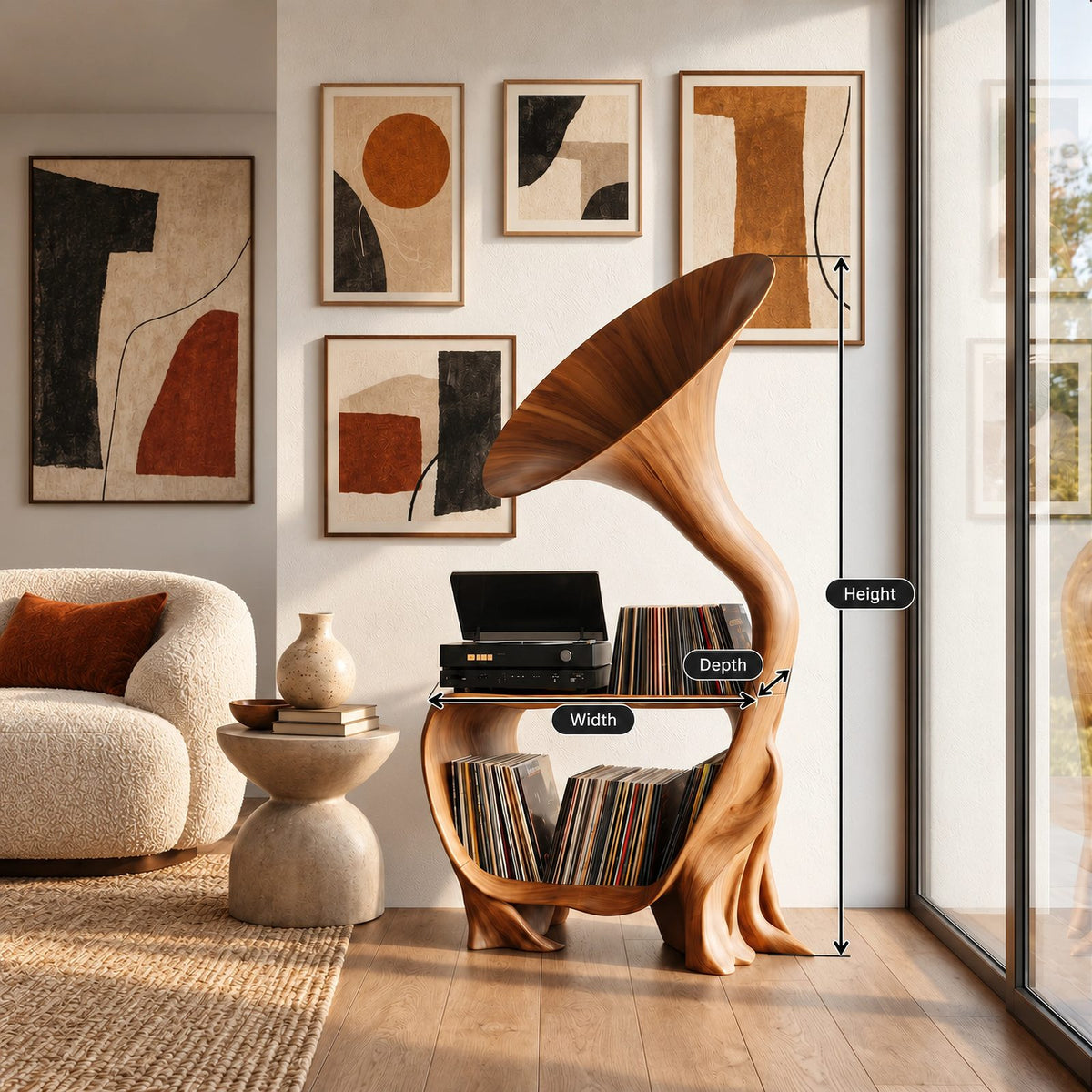 Artisan Wood Record Stand With Flaring Horn Silhouette For Living Room