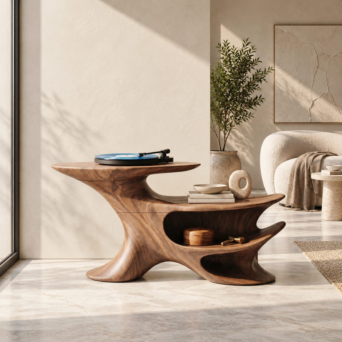 Modern Sculptural Wood Record Stand With Open Shelving For Living Room