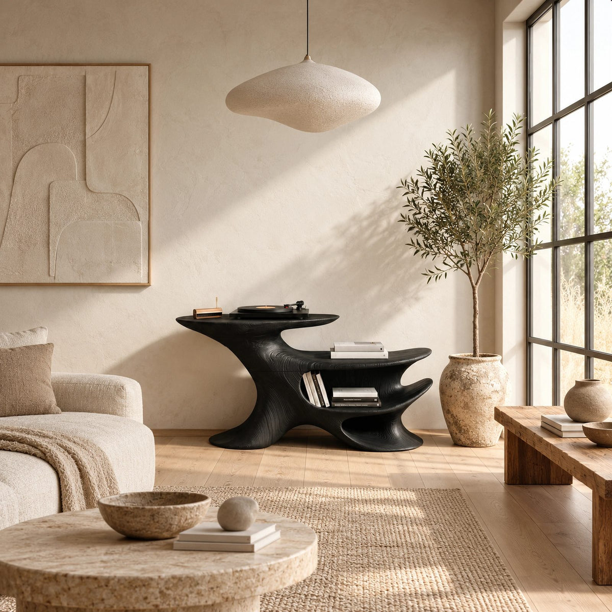 Modern Sculptural Wood Record Stand With Open Shelving For Living Room