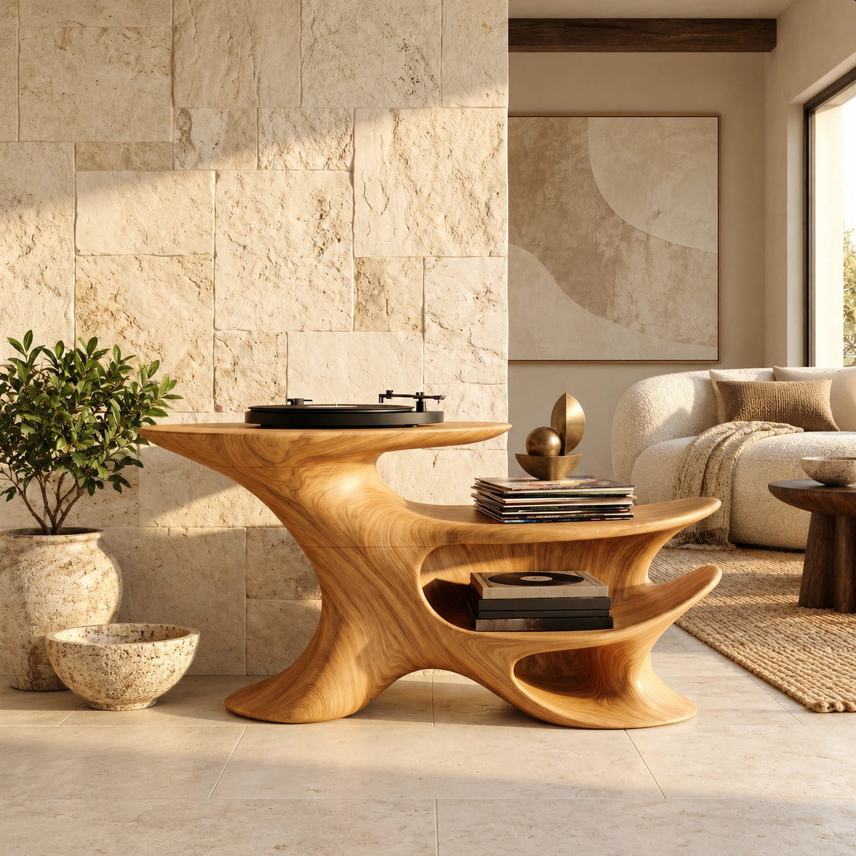 Modern Sculptural Wood Record Stand With Open Shelving For Living Room