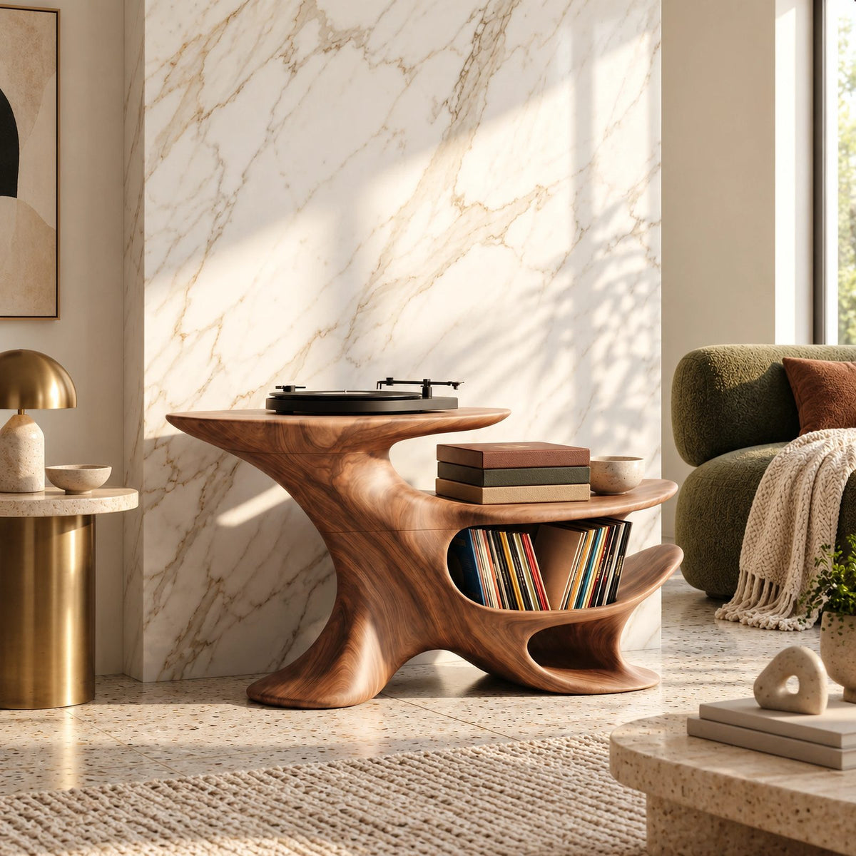 Modern Sculptural Wood Record Stand With Open Shelving For Living Room