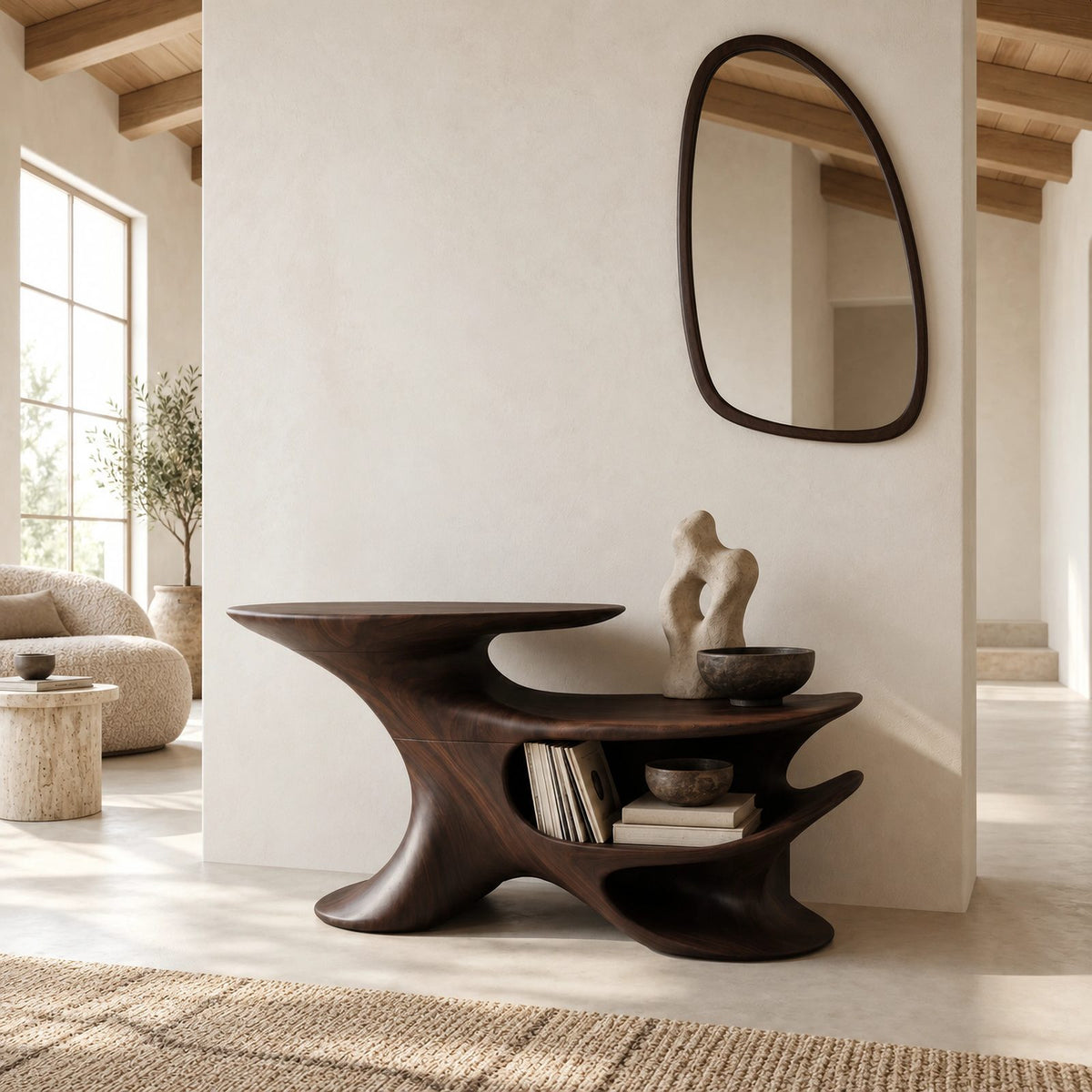 Modern Sculptural Wood Record Stand With Open Shelving For Living Room