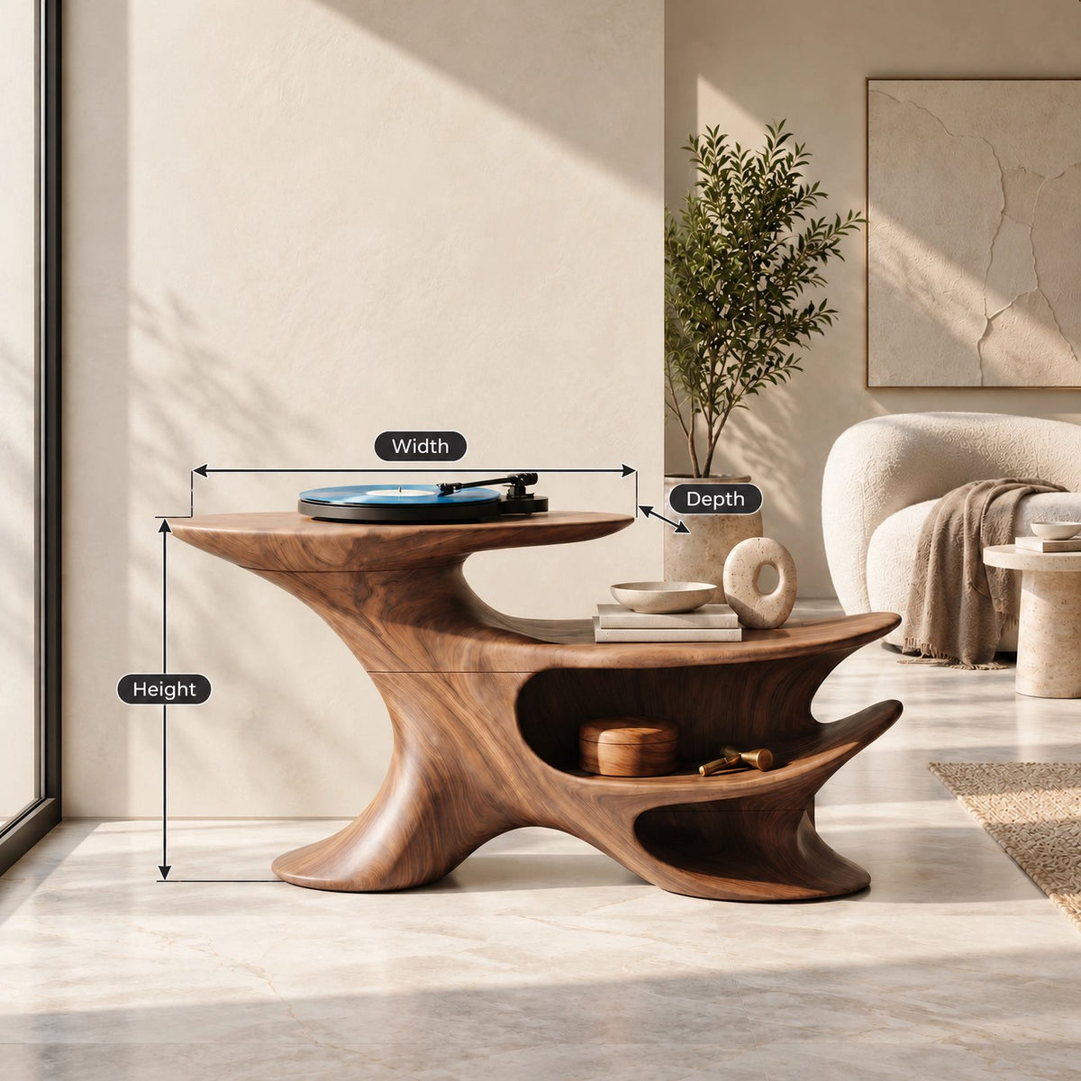 Modern Sculptural Wood Record Stand With Open Shelving For Living Room