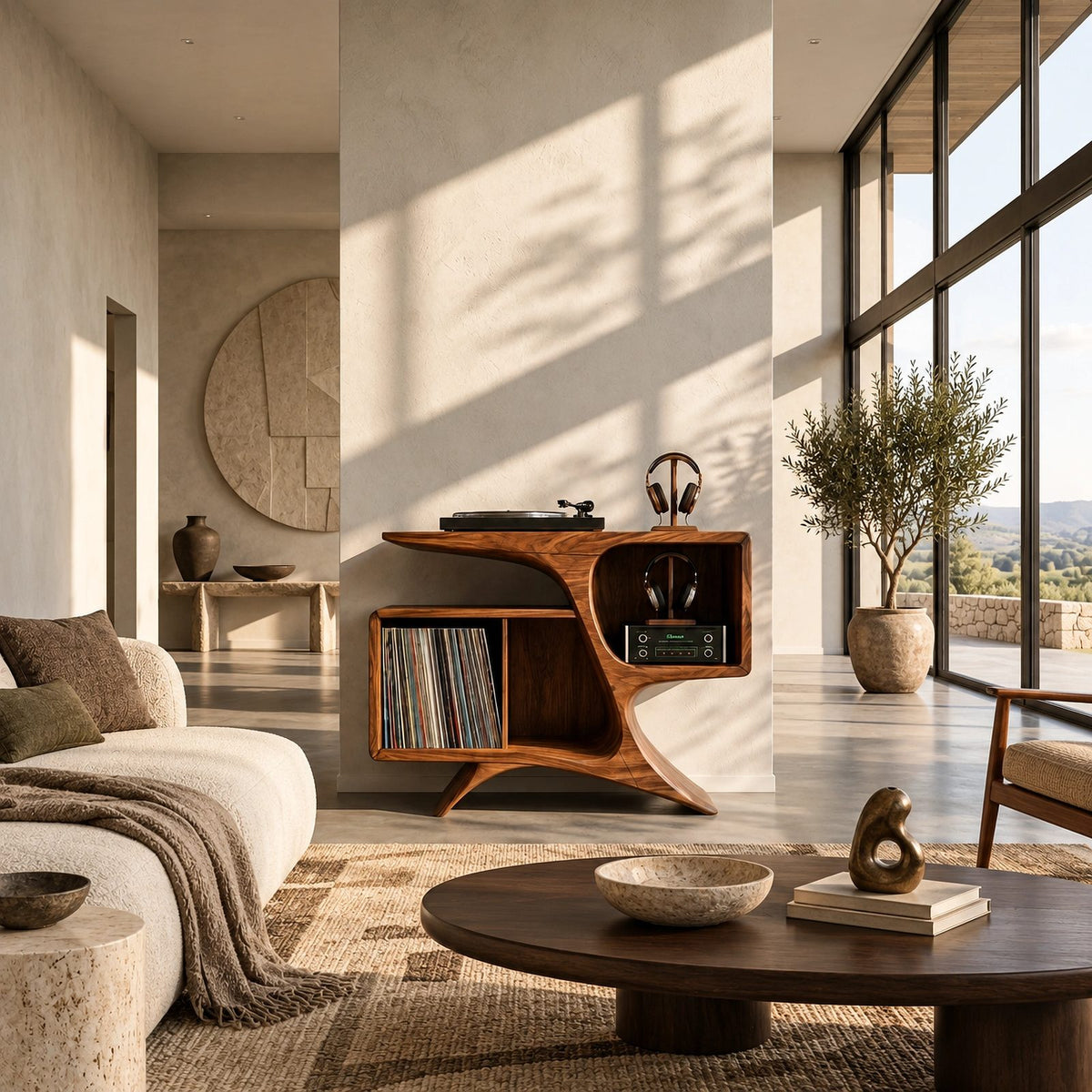 Rustic Sculptural Wood Record Cabinet With Curved Sides For Living Room