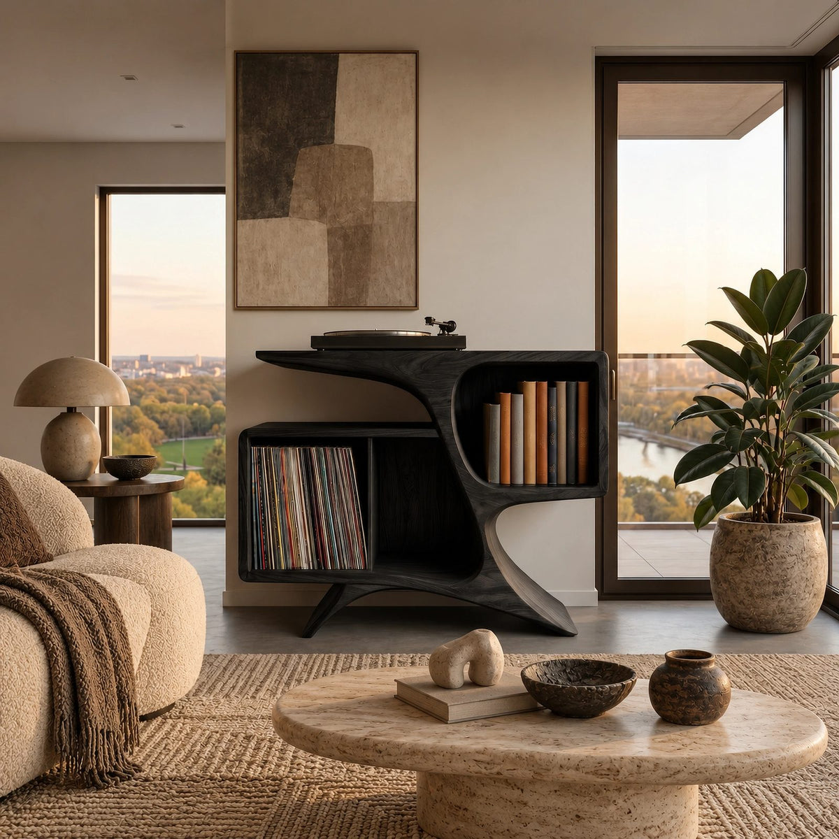 Rustic Sculptural Wood Record Cabinet With Curved Sides For Living Room