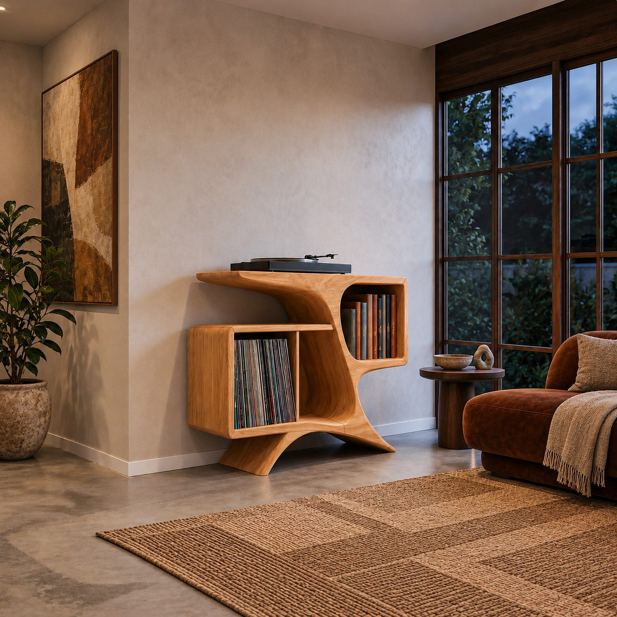 Rustic Sculptural Wood Record Cabinet With Curved Sides For Living Room
