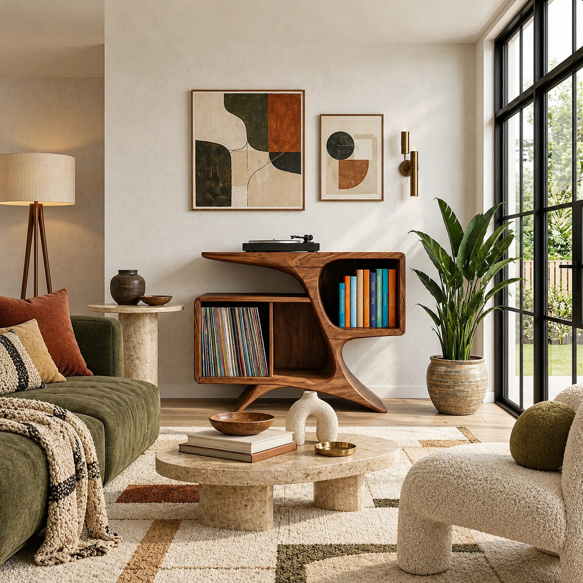 Rustic Sculptural Wood Record Cabinet With Curved Sides For Living Room
