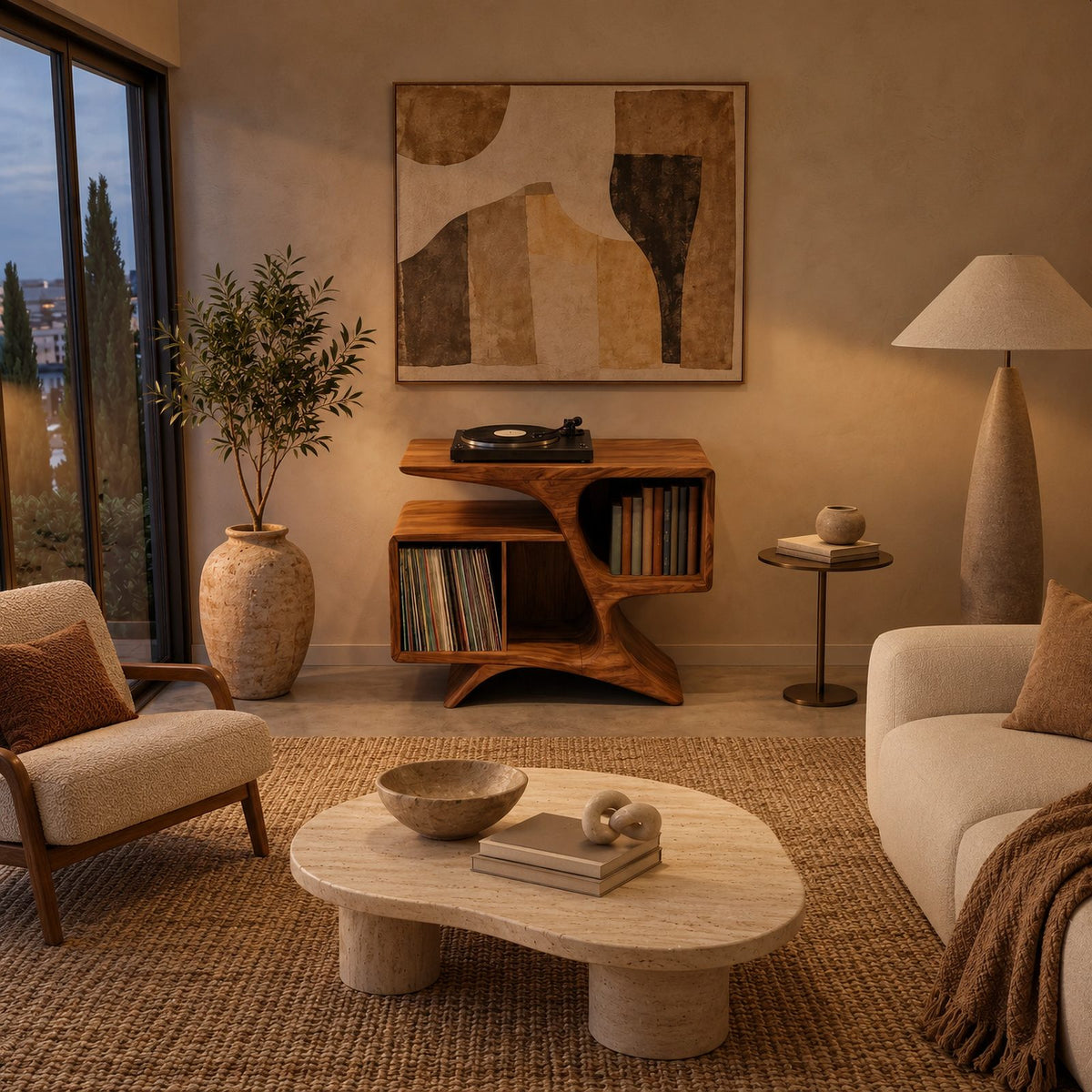 Rustic Sculptural Wood Record Cabinet With Curved Sides For Living Room