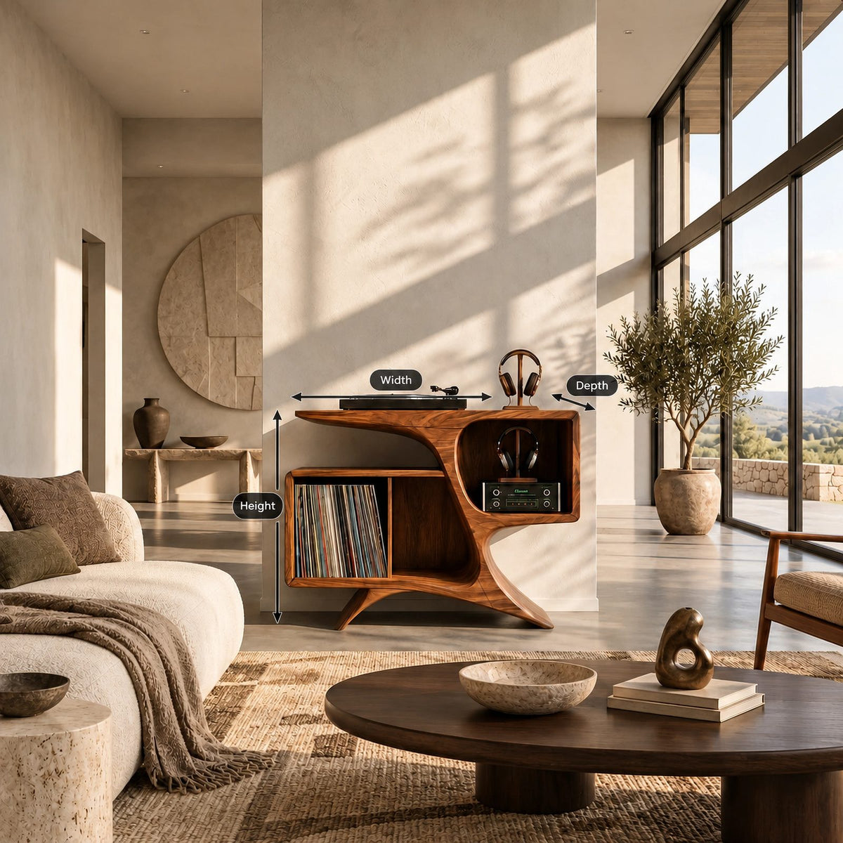 Rustic Sculptural Wood Record Cabinet With Curved Sides For Living Room