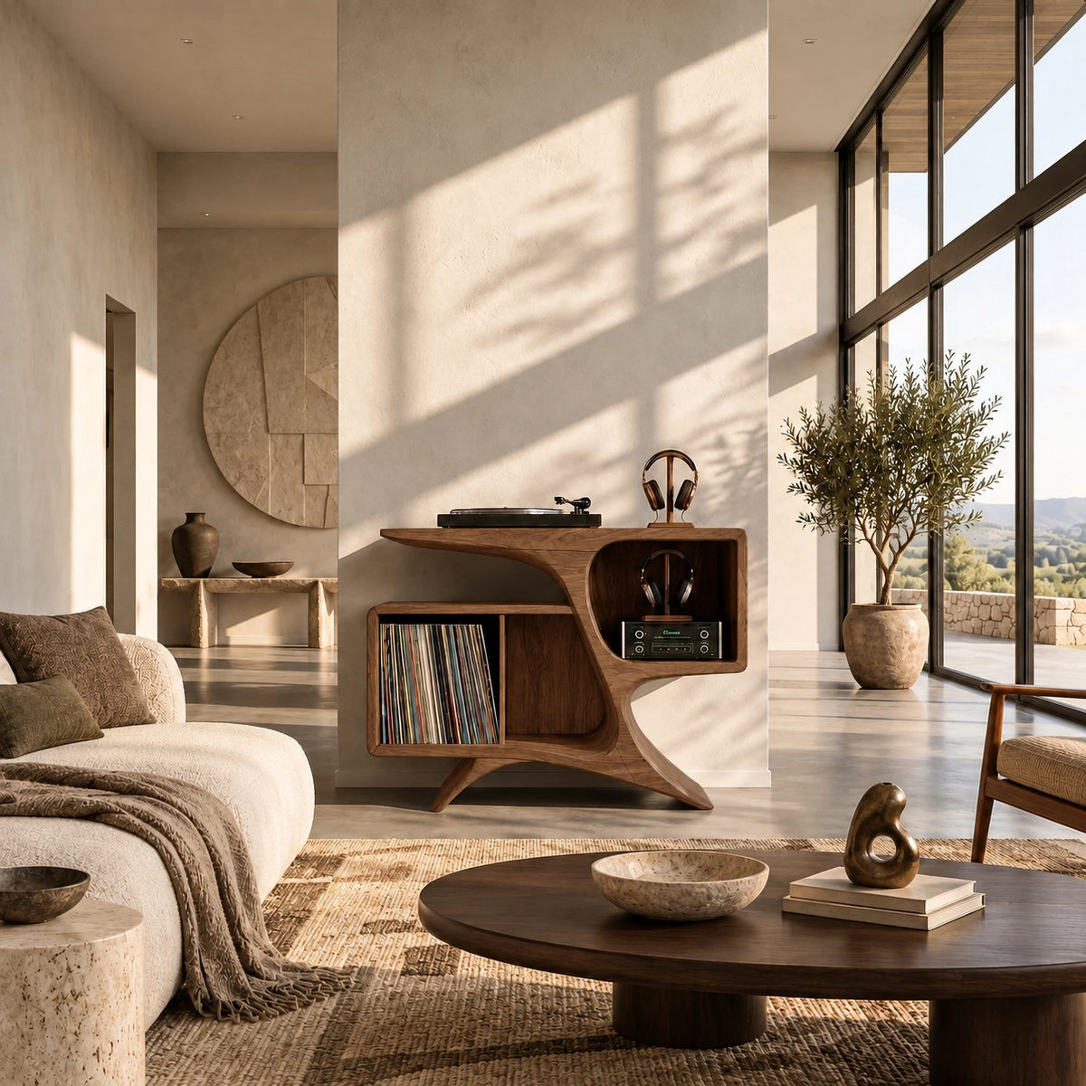 Rustic Sculptural Wood Record Cabinet With Curved Sides For Living Room