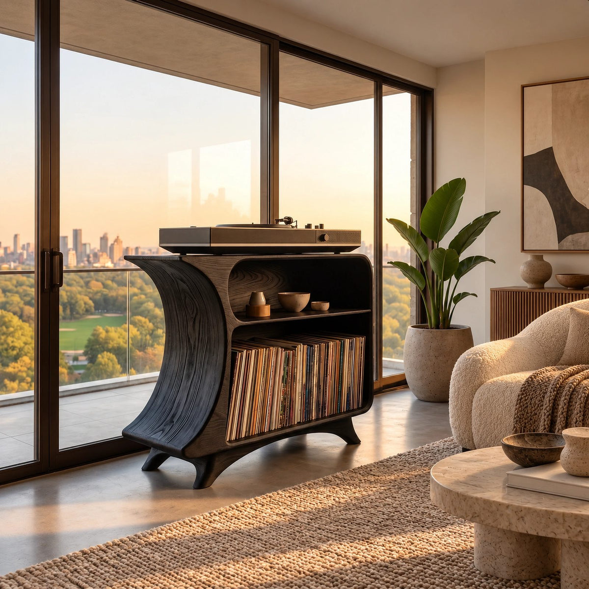 Mid Century Looped Wood Record Stand With Two Tiers For Living Room