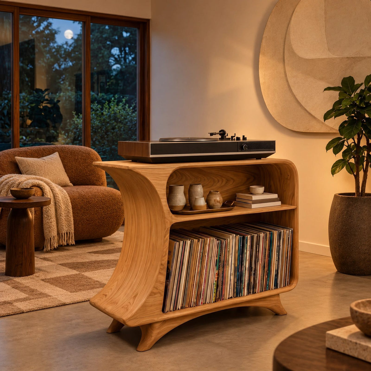 Mid Century Looped Wood Record Stand With Two Tiers For Living Room