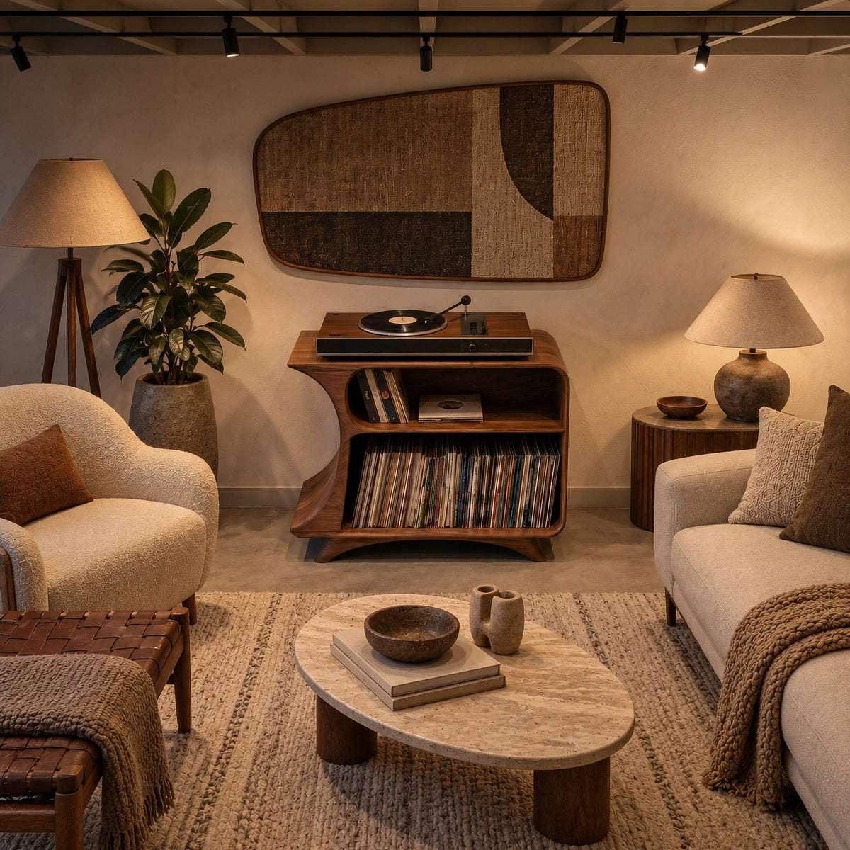 Mid Century Looped Wood Record Stand With Two Tiers For Living Room