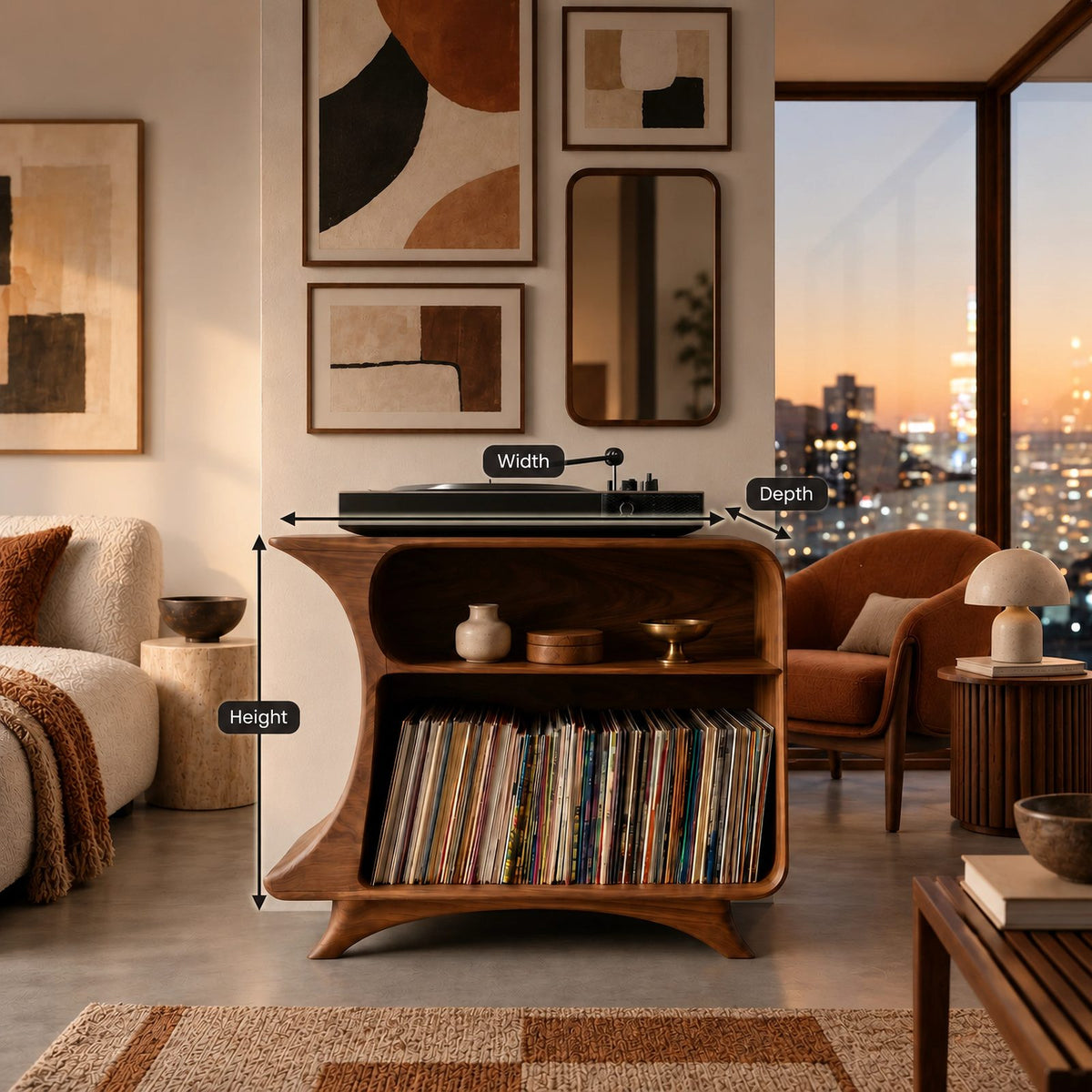 Mid Century Looped Wood Record Stand With Two Tiers For Living Room
