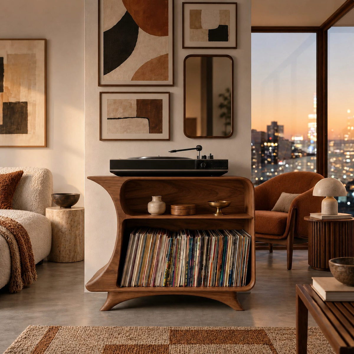 Mid Century Looped Wood Record Stand With Two Tiers For Living Room