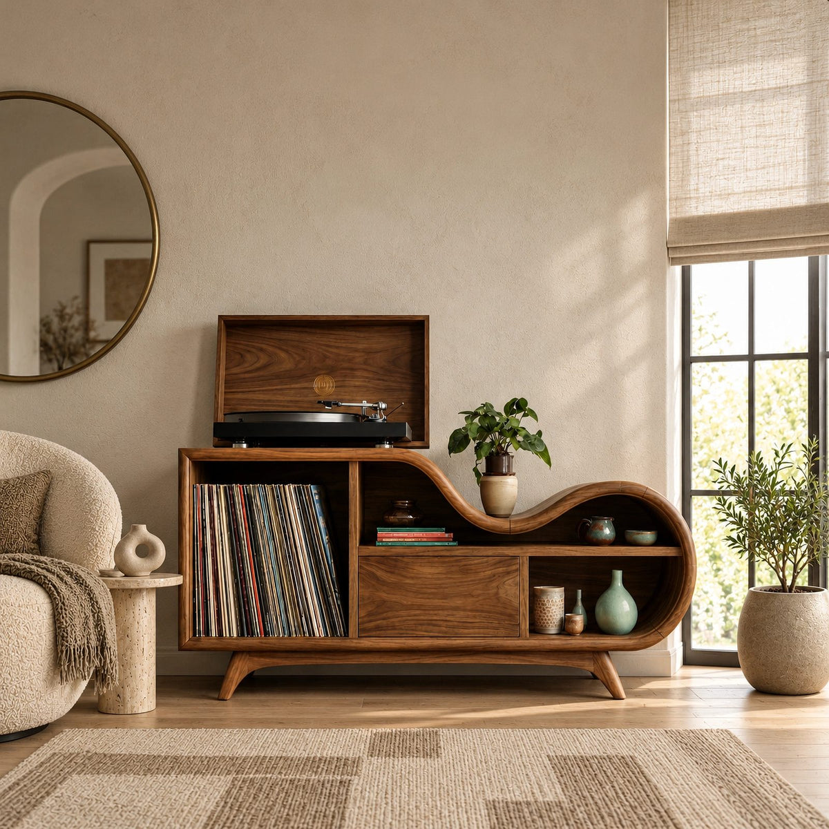 Organic Undulating Wood Record Cabinet For Living Room
