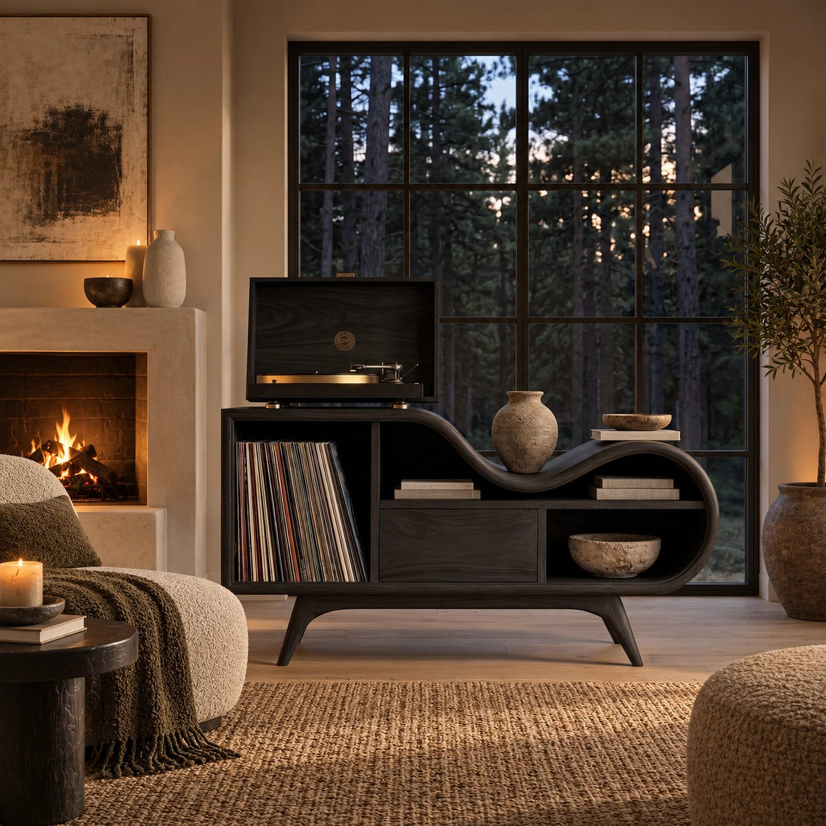 Organic Undulating Wood Record Cabinet For Living Room