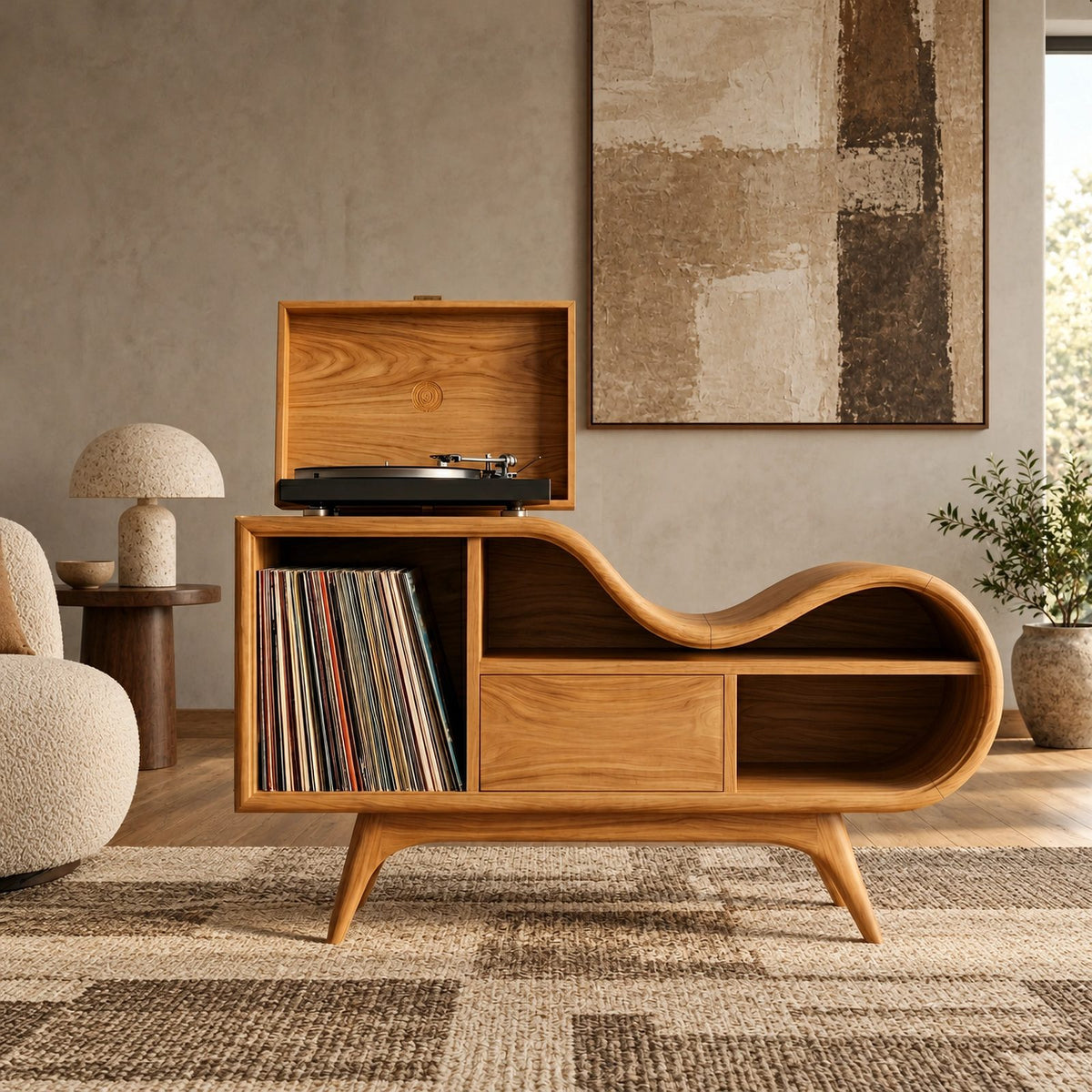 Organic Undulating Wood Record Cabinet For Living Room