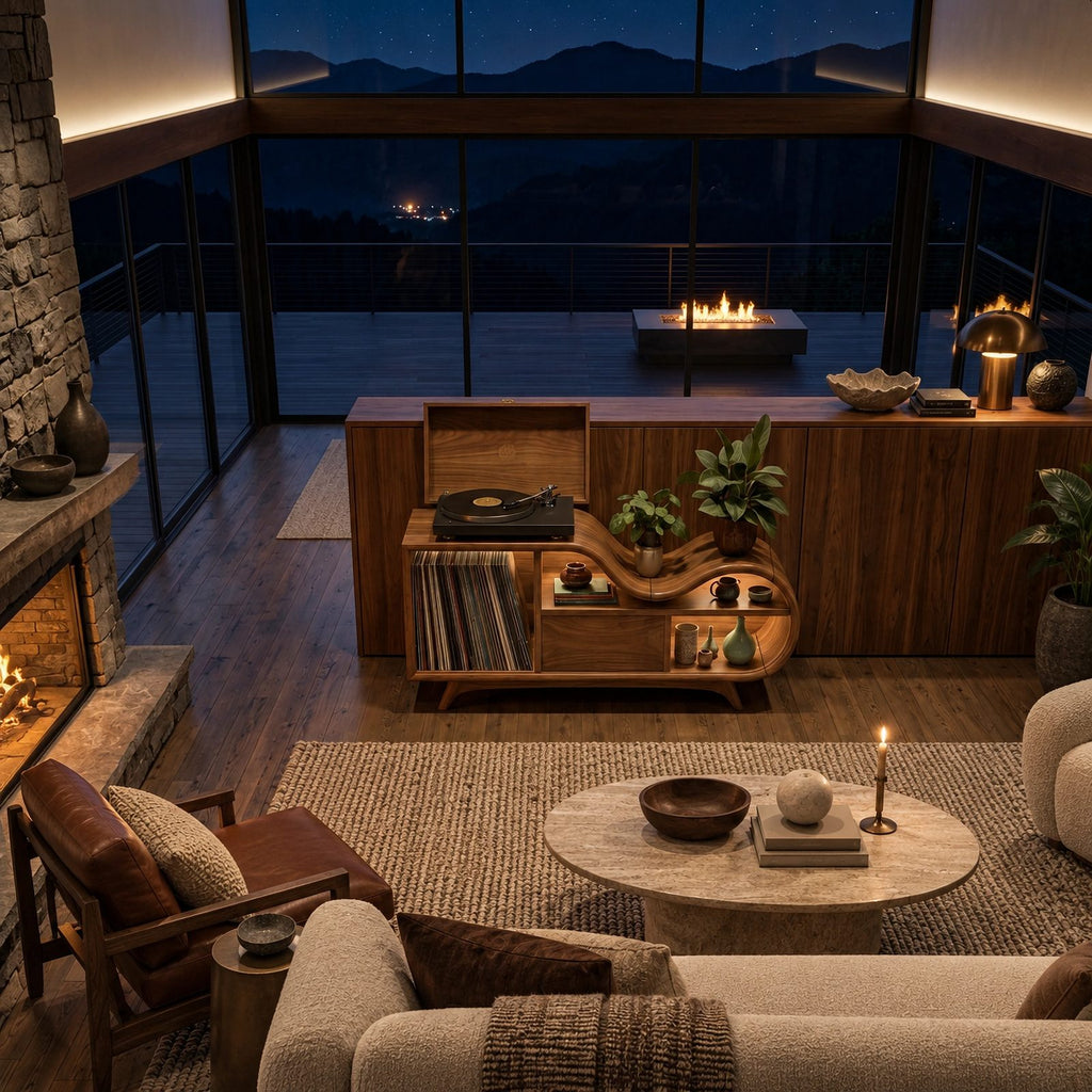 Organic Undulating Wood Record Cabinet For Living Room