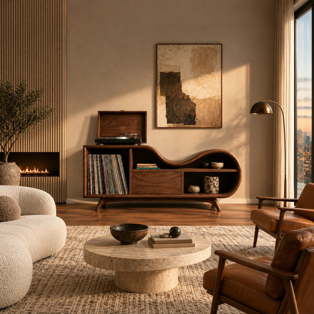 Organic Undulating Wood Record Cabinet For Living Room