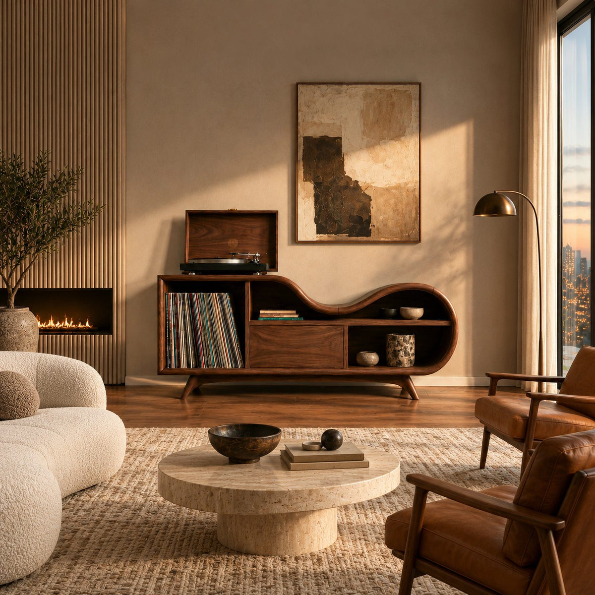 Organic Undulating Wood Record Cabinet For Living Room