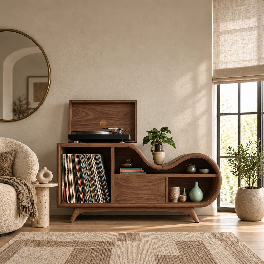 Organic Undulating Wood Record Cabinet For Living Room