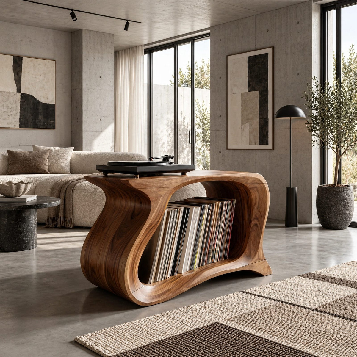 Contemporary Wave Wood Record Stand With Open Shelf For Living Room