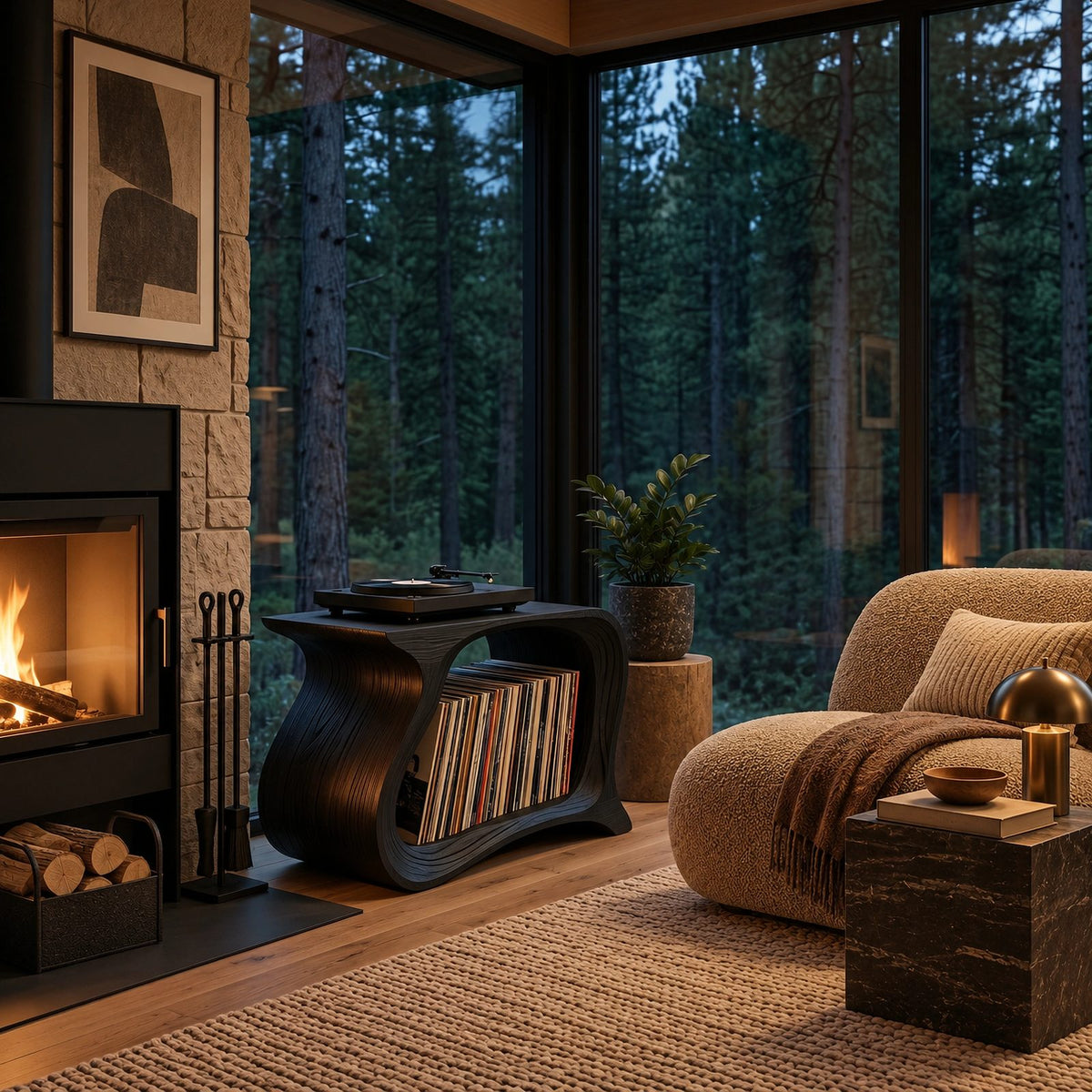 Contemporary Wave Wood Record Stand With Open Shelf For Living Room
