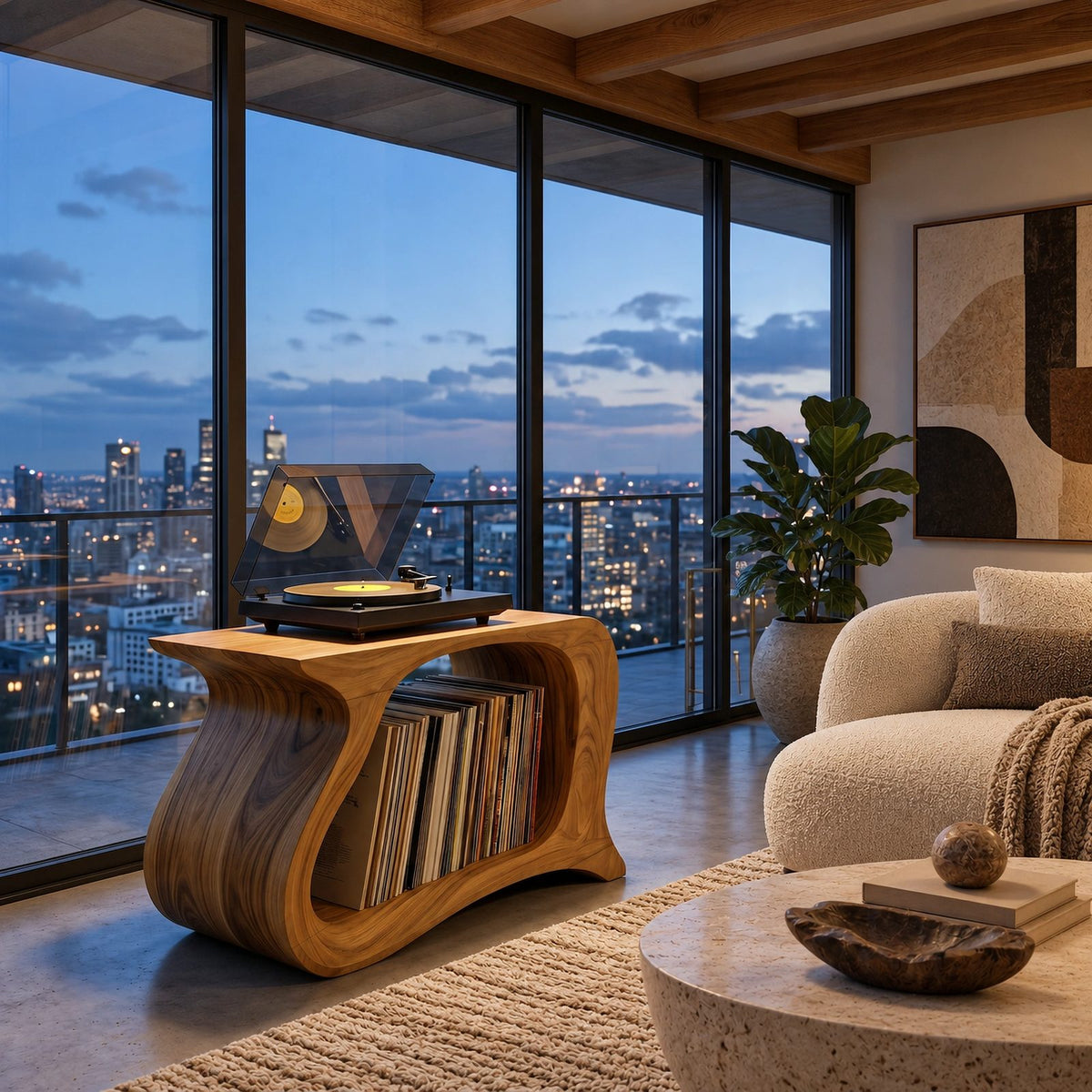 Contemporary Wave Wood Record Stand With Open Shelf For Living Room