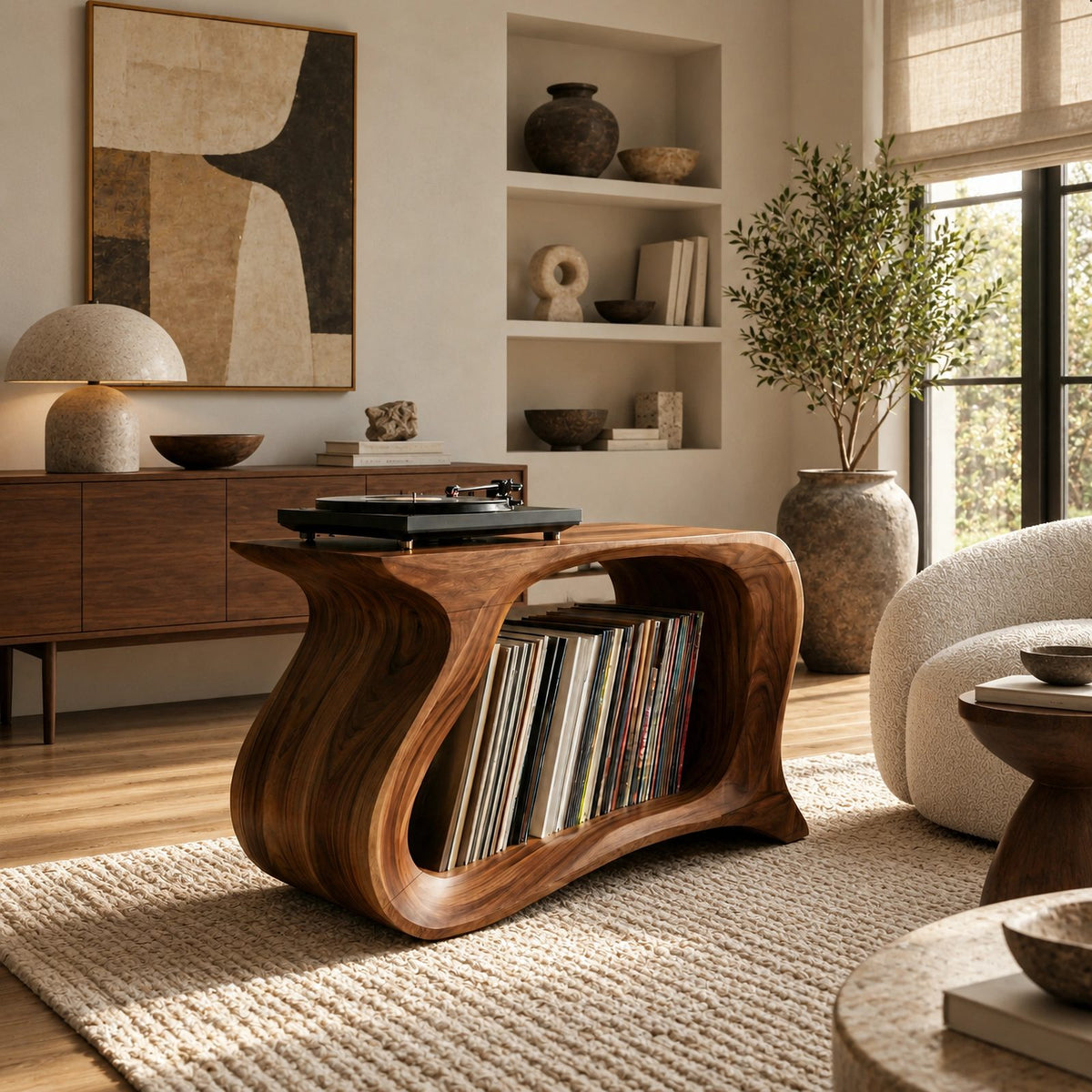 Contemporary Wave Wood Record Stand With Open Shelf For Living Room