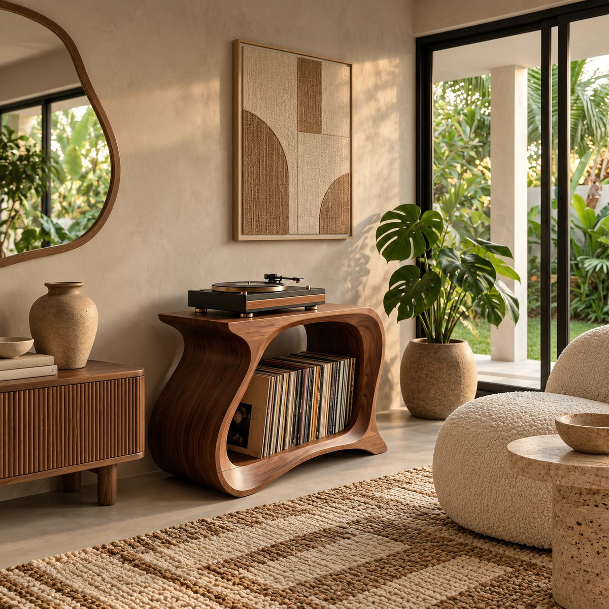 Contemporary Wave Wood Record Stand With Open Shelf For Living Room