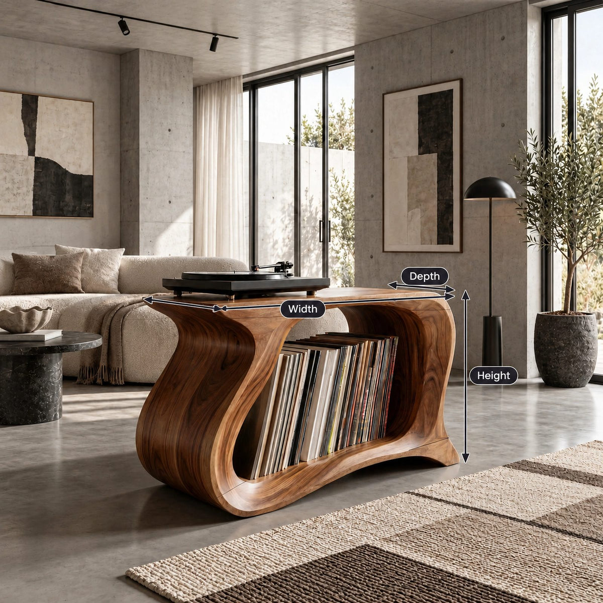 Contemporary Wave Wood Record Stand With Open Shelf For Living Room
