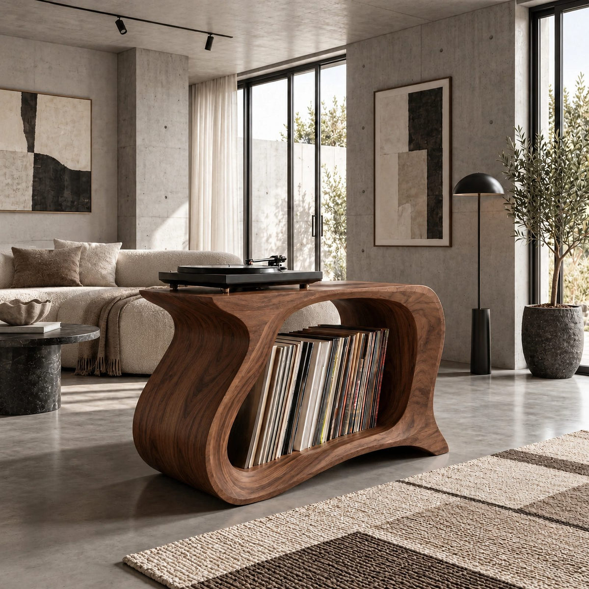 Contemporary Wave Wood Record Stand With Open Shelf For Living Room