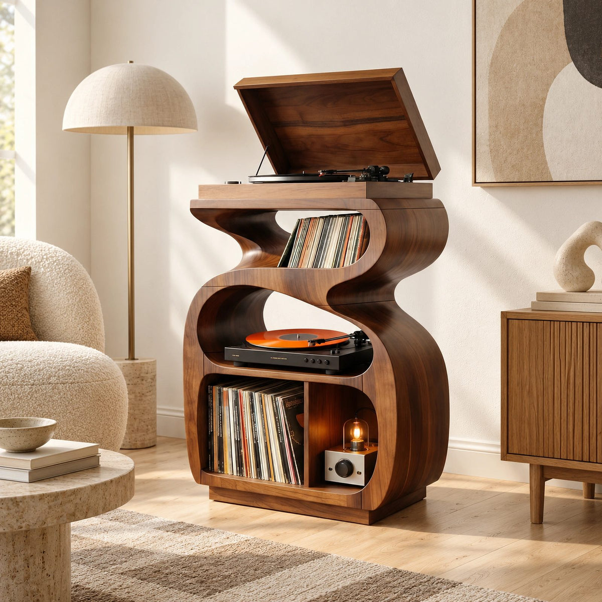 Sculptural Wood Record Stand With Flip Top Lid For Living Room