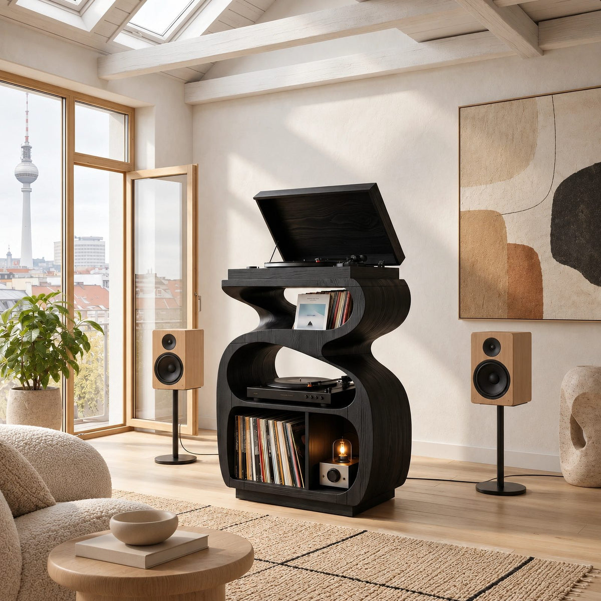 Sculptural Wood Record Stand With Flip Top Lid For Living Room