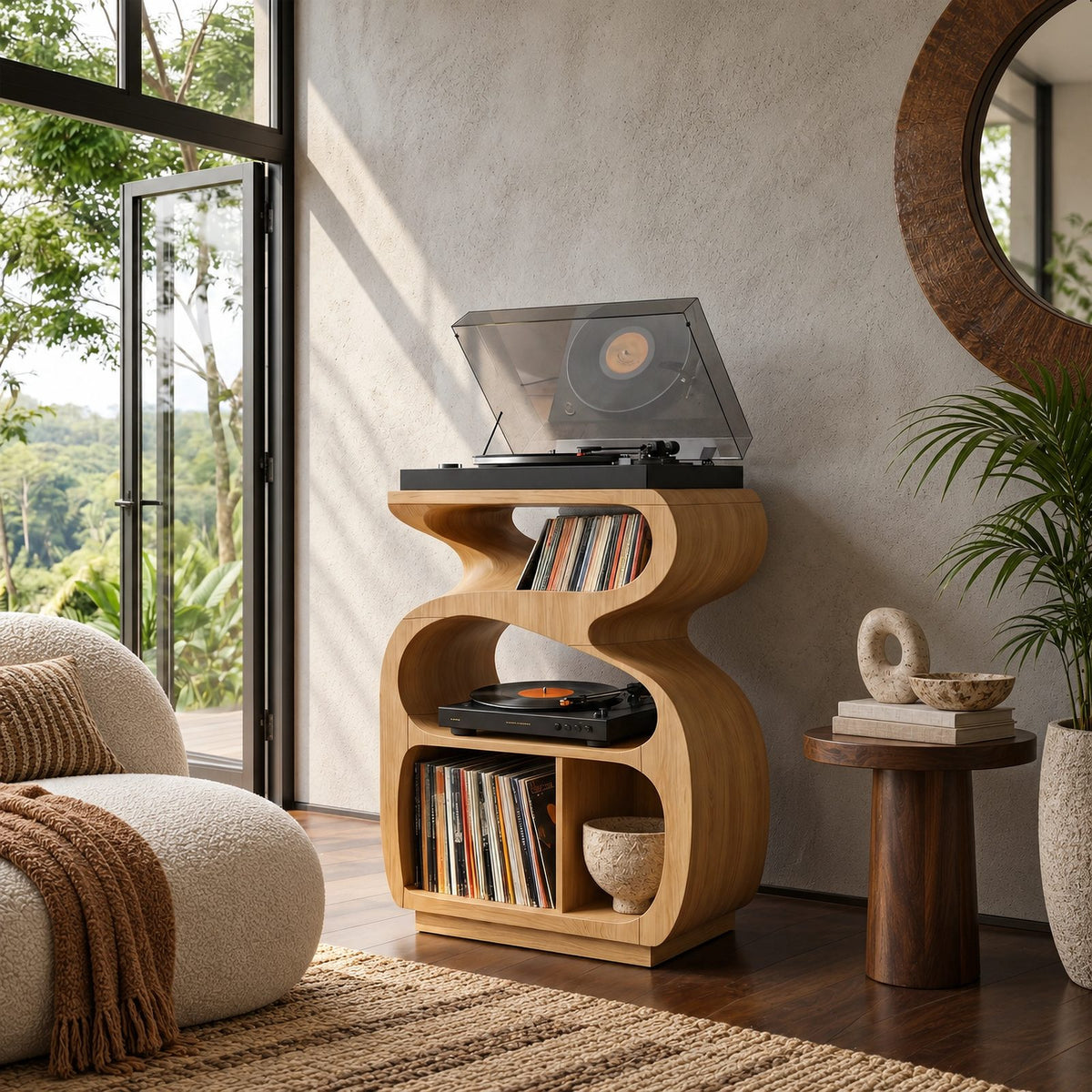 Sculptural Wood Record Stand With Flip Top Lid For Living Room