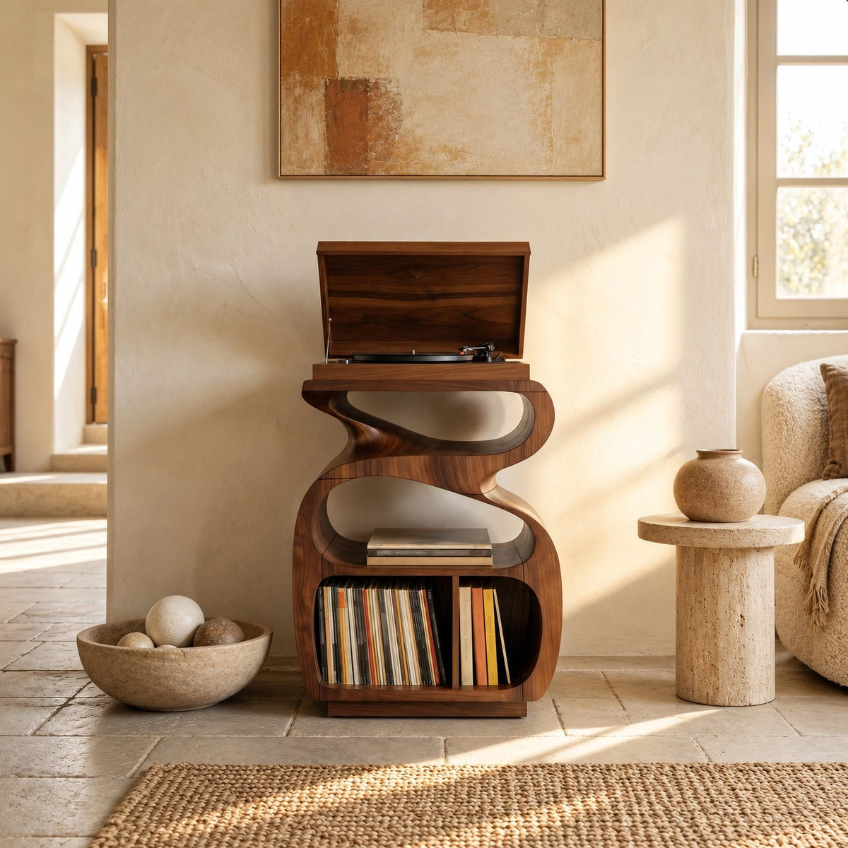 Sculptural Wood Record Stand With Flip Top Lid For Living Room