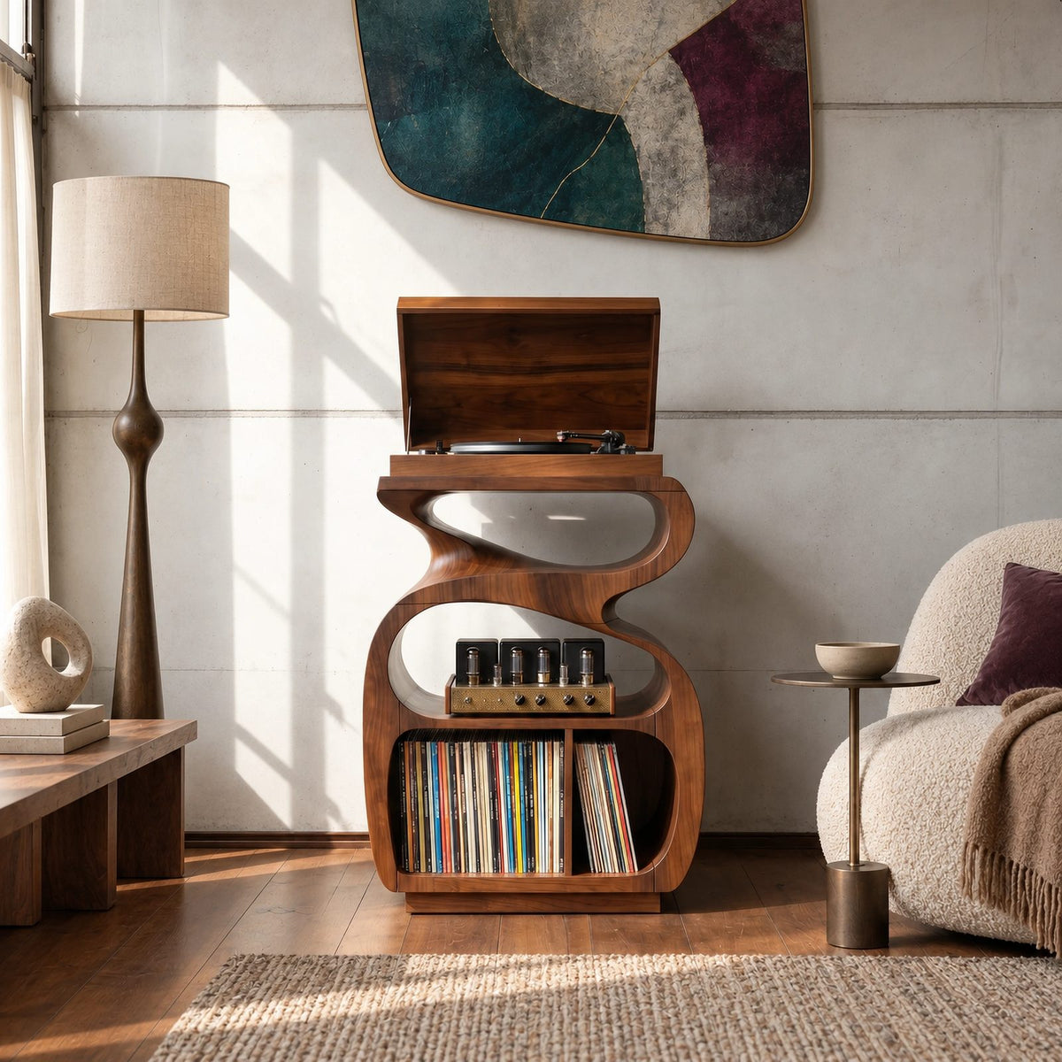 Sculptural Wood Record Stand With Flip Top Lid For Living Room
