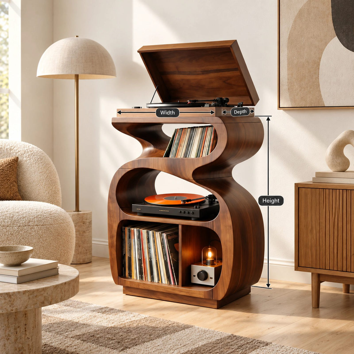Sculptural Wood Record Stand With Flip Top Lid For Living Room