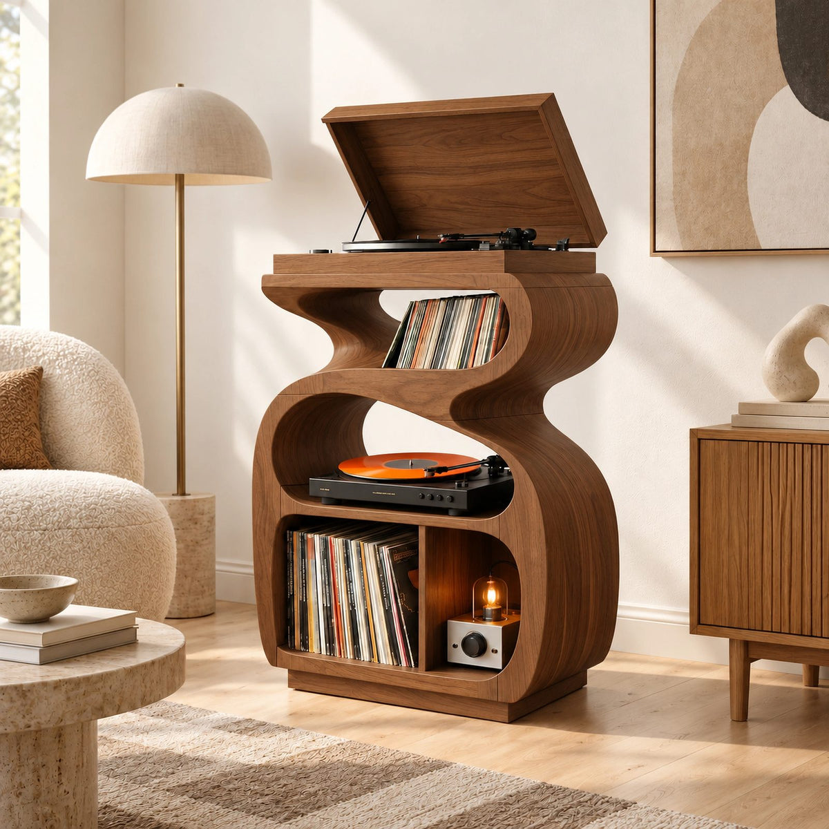 Sculptural Wood Record Stand With Flip Top Lid For Living Room