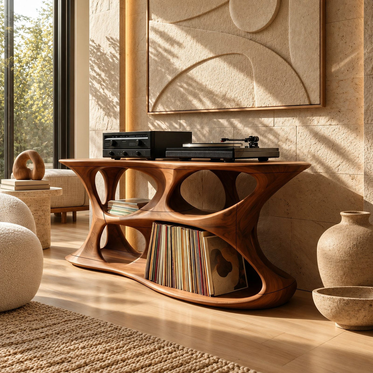 Minimalist Sculptural Wood Record Stand With Open Base For Living Room